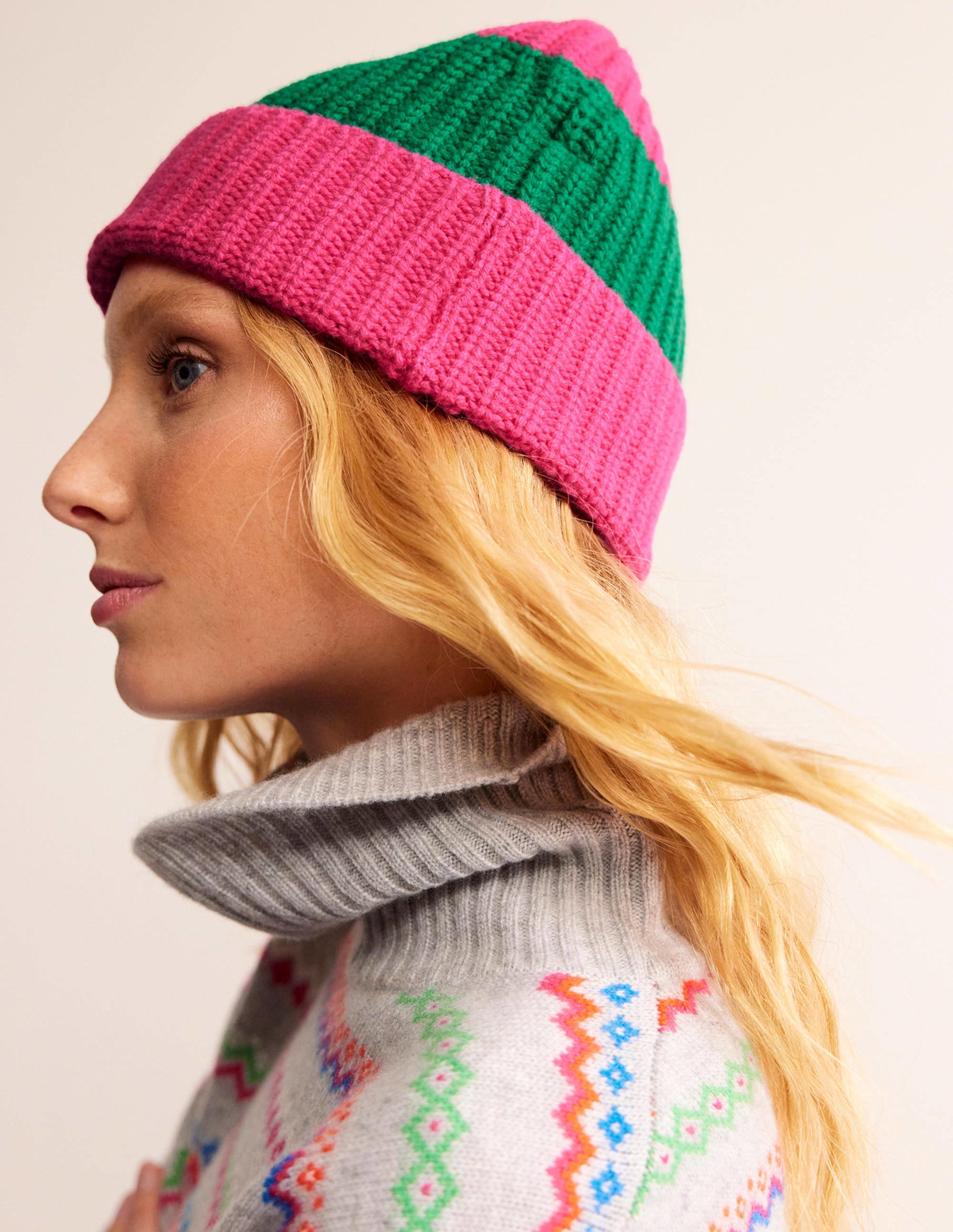 Colour Block Beanie Hat-Vibrant Pink/ Veridian Green - Image 1