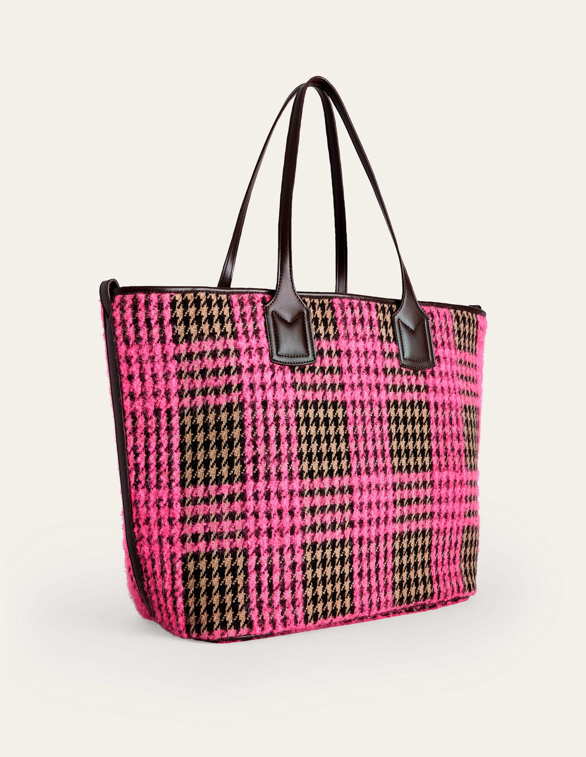 Wool Trapeze Tote Bag-Pink Boucle Check-3