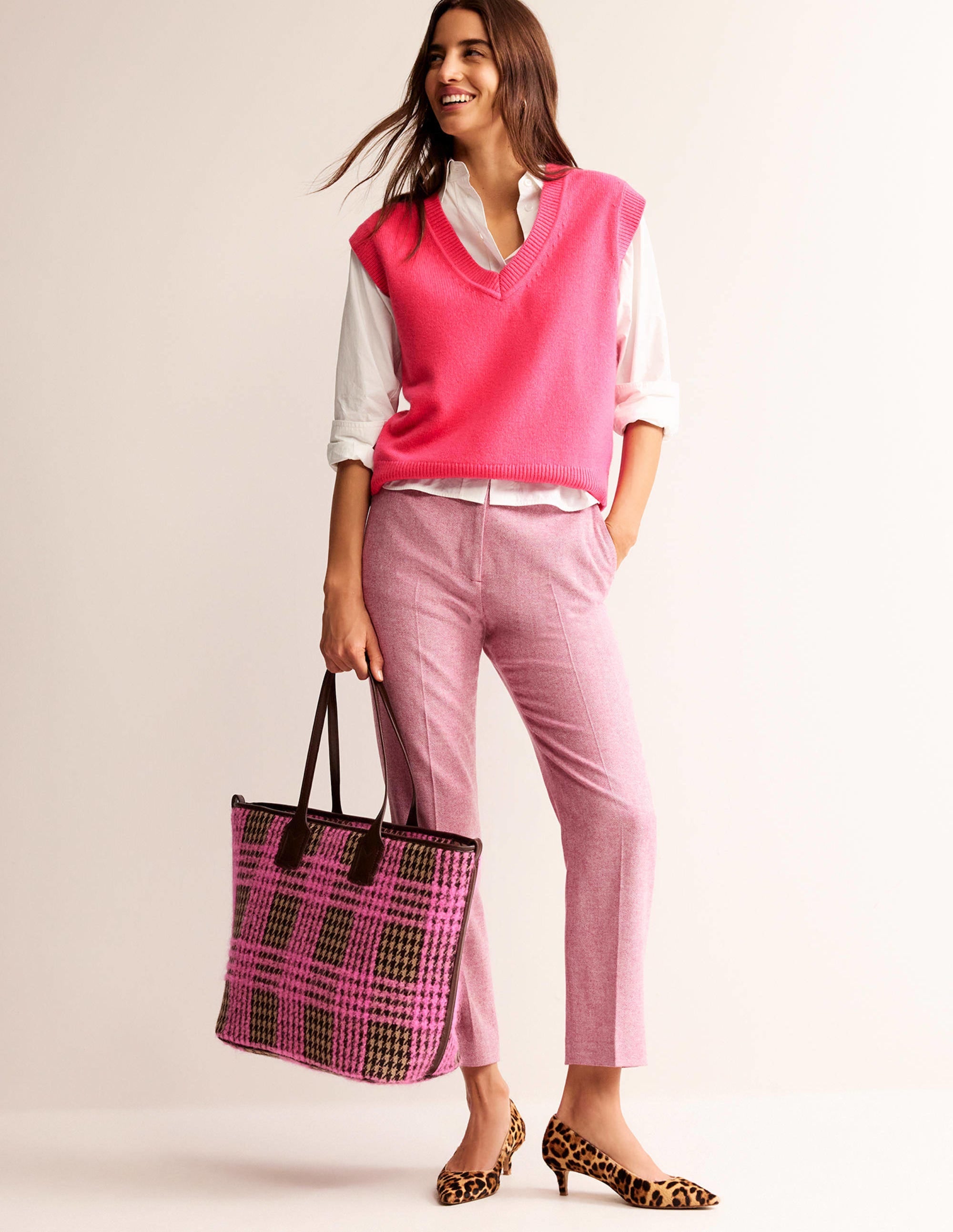 Wool Trapeze Tote Bag-Pink Boucle Check - Image 1