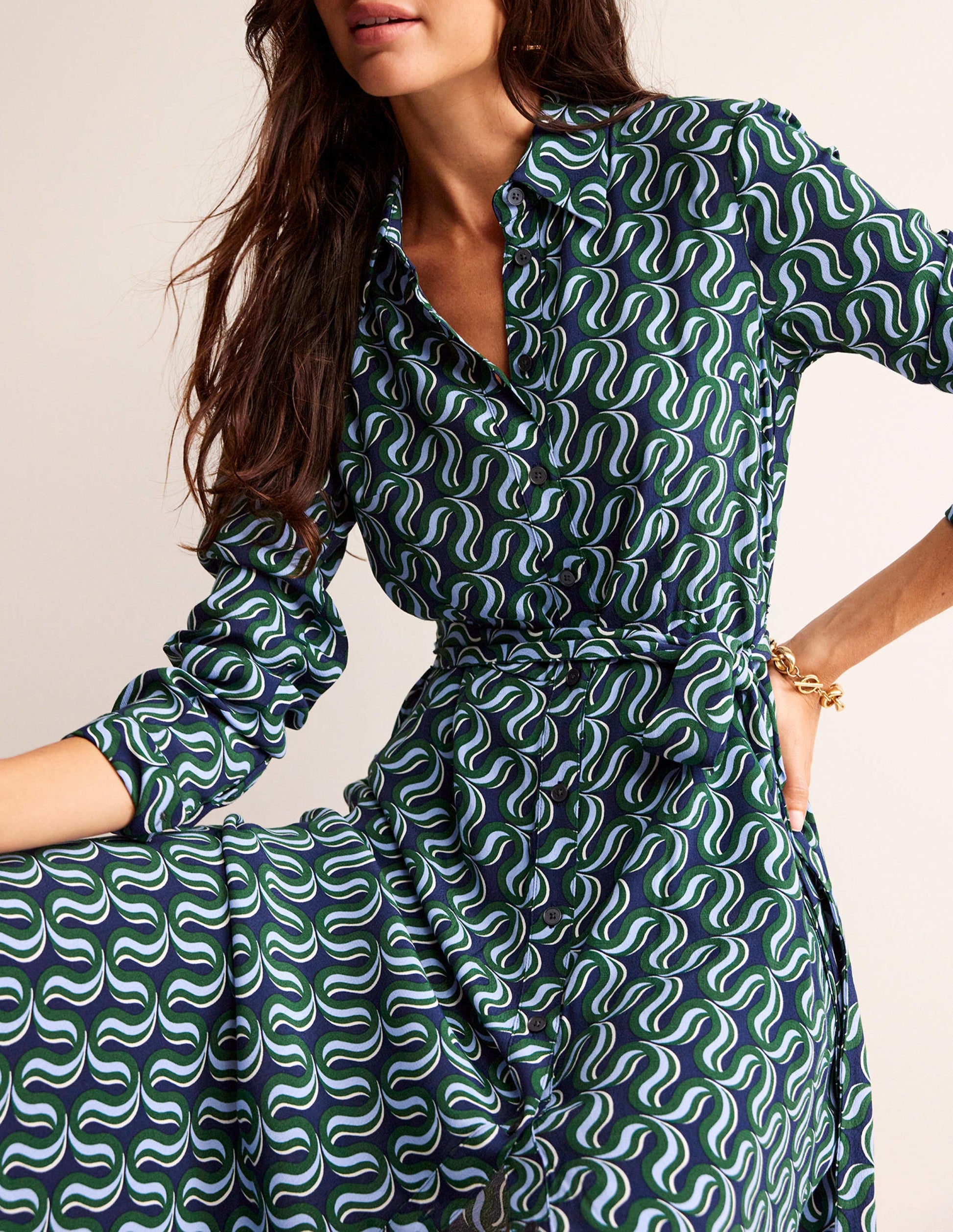 Kate Midi Shirt Dress-Amazon Green, Ribbon Wave-2