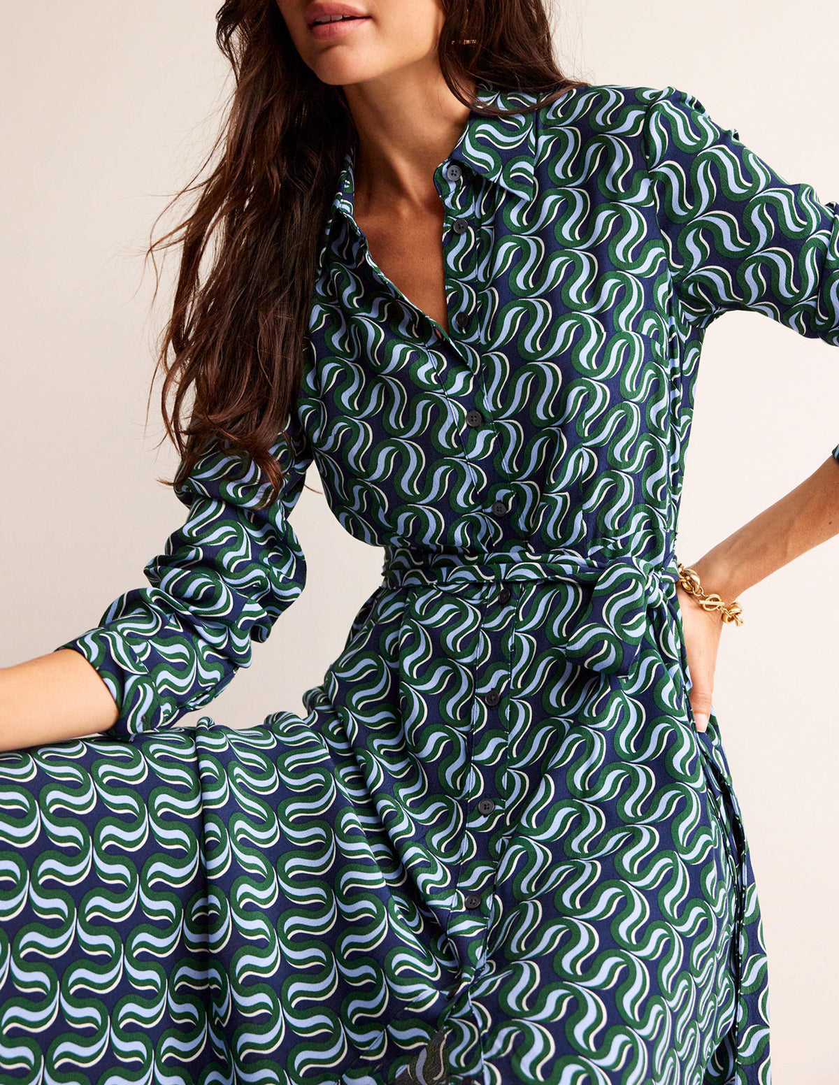 Kate Midi Shirt Dress-Amazon Green, Ribbon Wave - Image 2