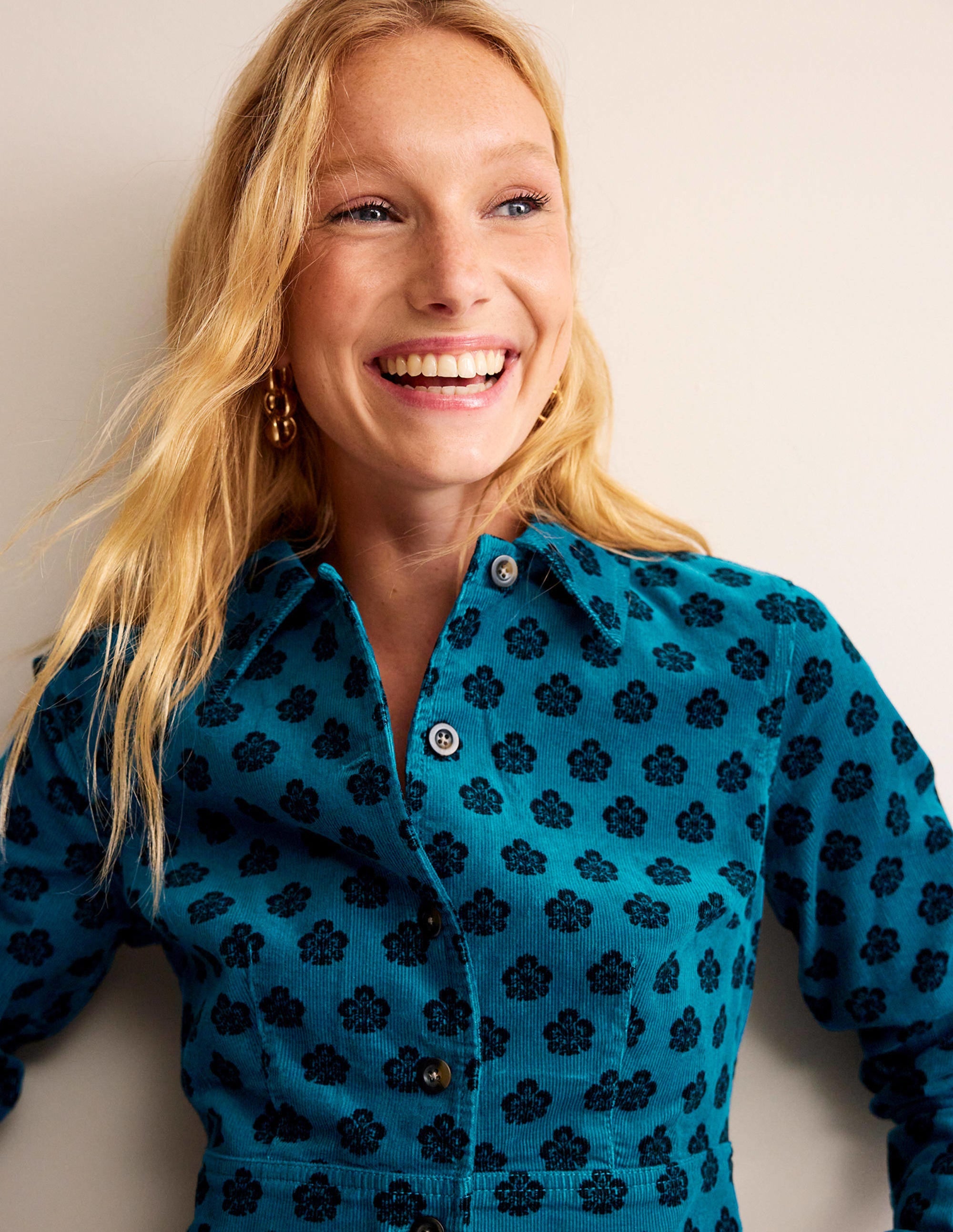 Flora Cord Shirt Dress-Aegean Blue, Carnation Stamp - Image 2