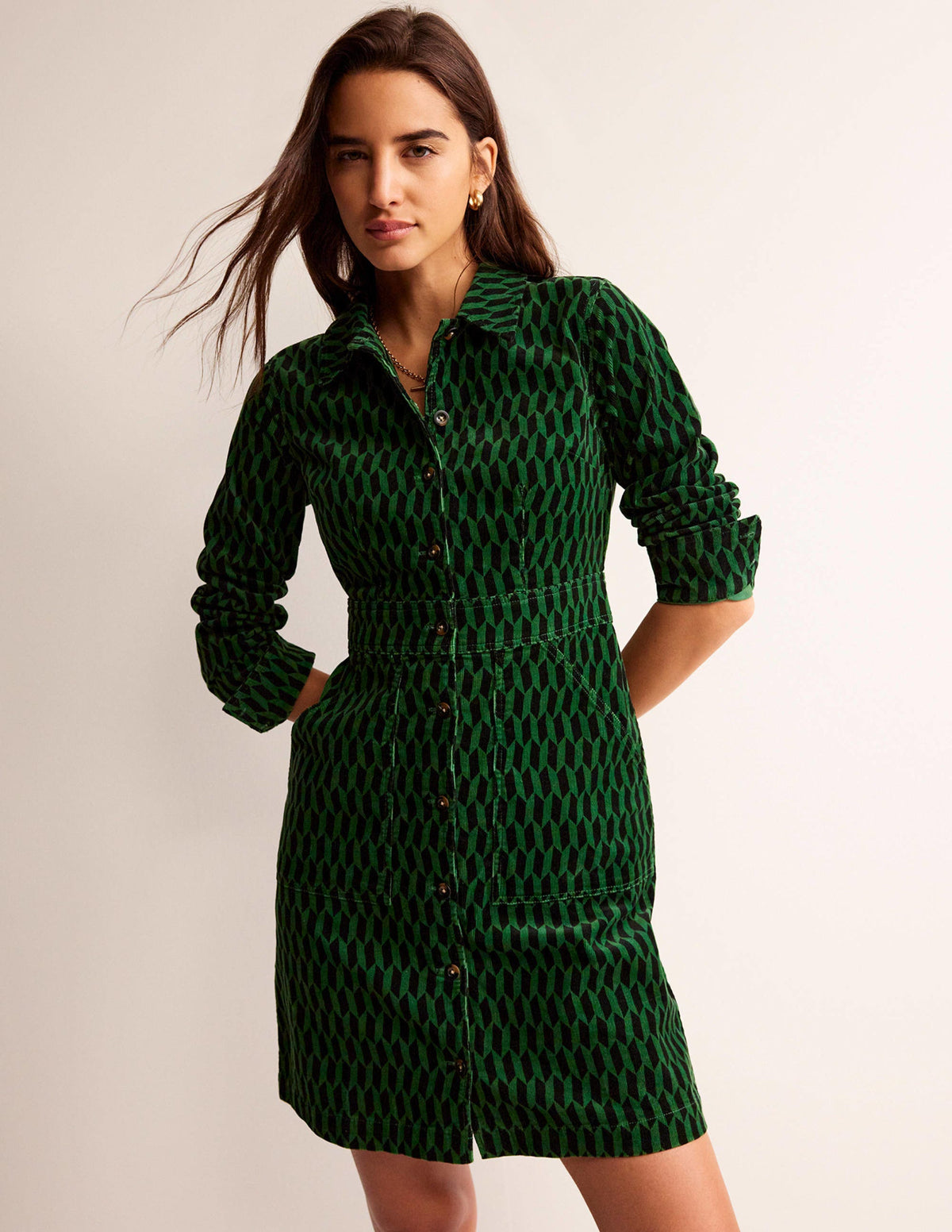Flora Cord Shirt Dress-Amazon Green, Block Tile - Image 1