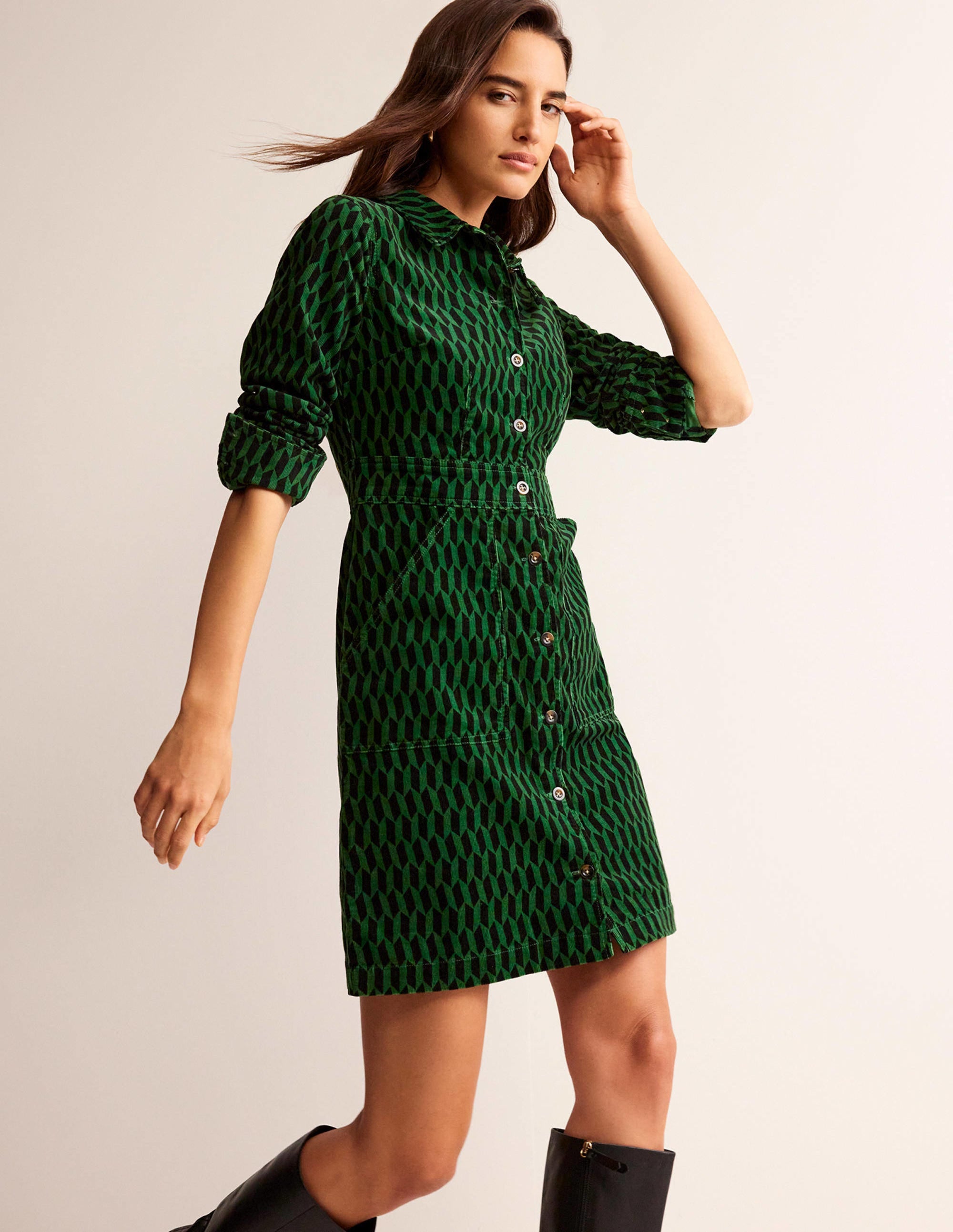 Flora Cord Shirt Dress-Amazon Green, Block Tile - Image 4