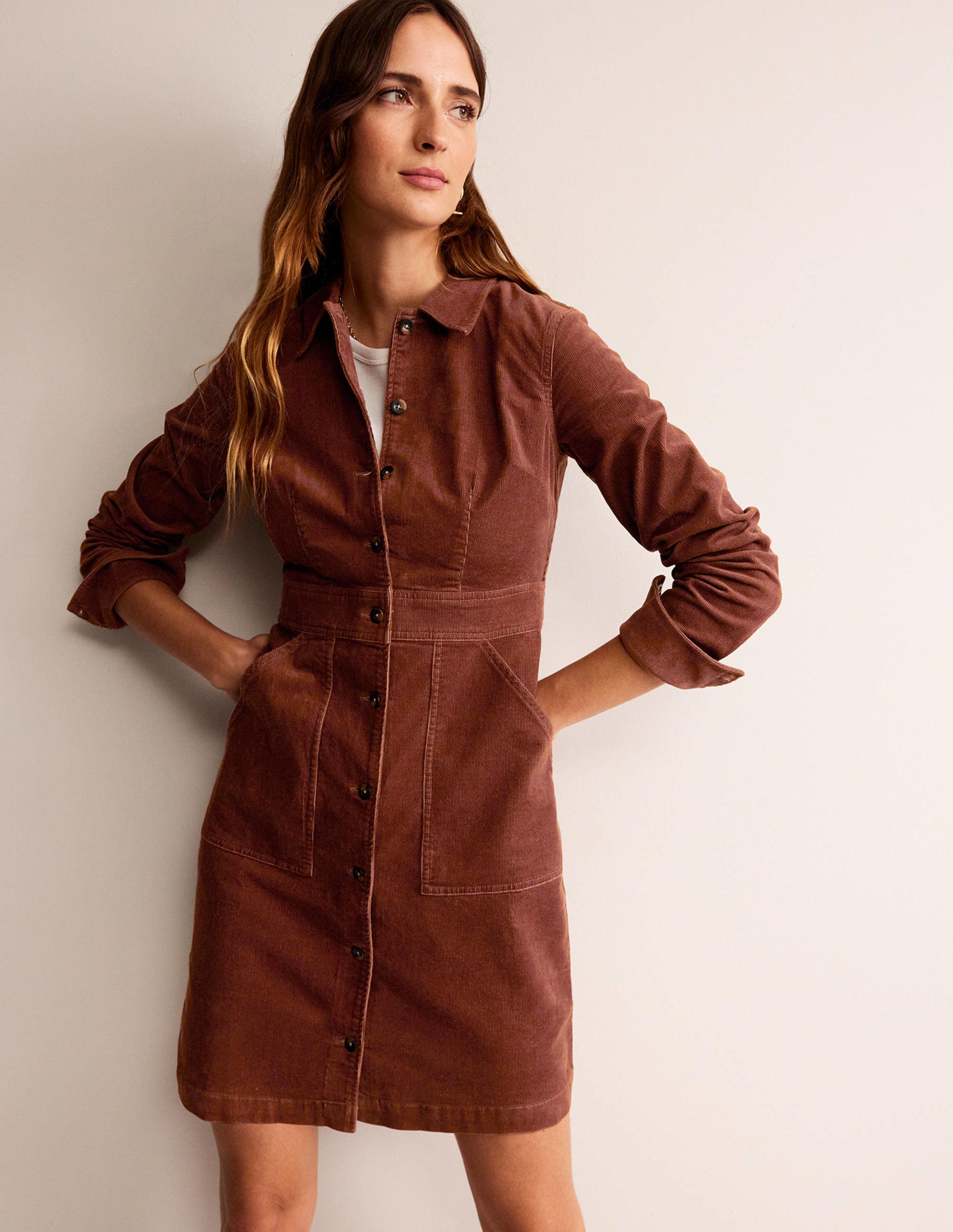 Flora Cord Shirt Dress-Cognac - Image 1