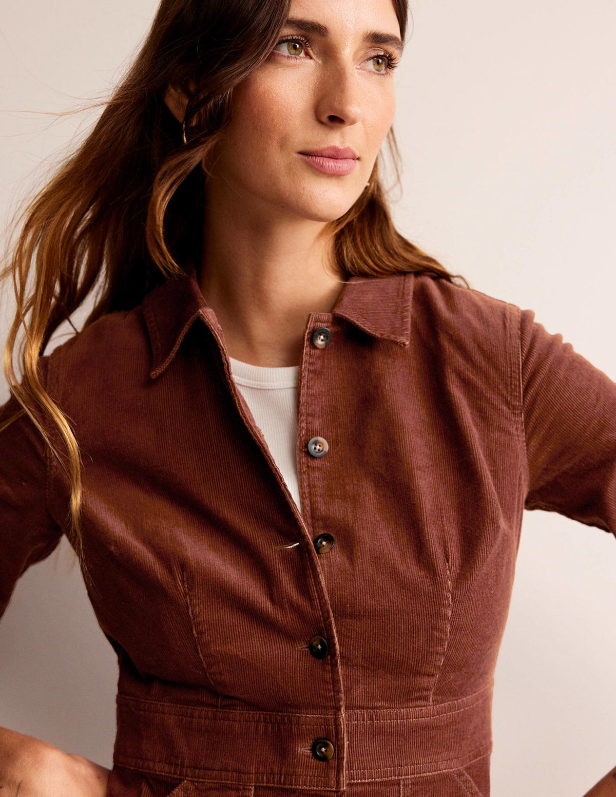 Flora Cord Shirt Dress-Cognac - Image 2