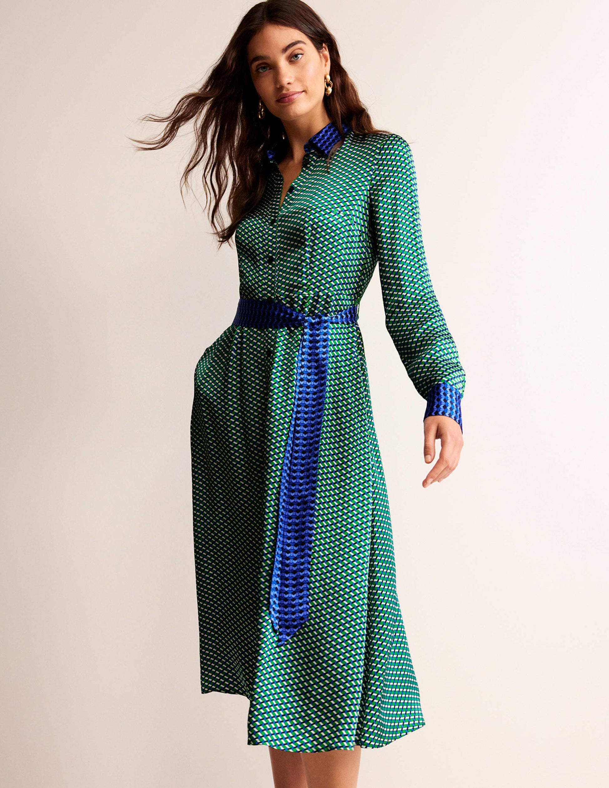 Kate Satin Shirt Dress-Bright Green, Geo Daze-1