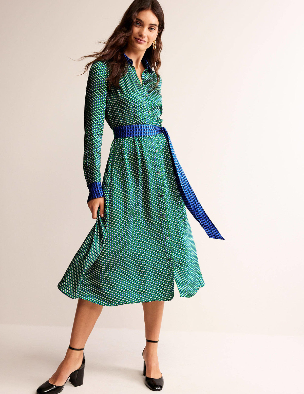 Kate Satin Shirt Dress-Bright Green, Geo Daze-4