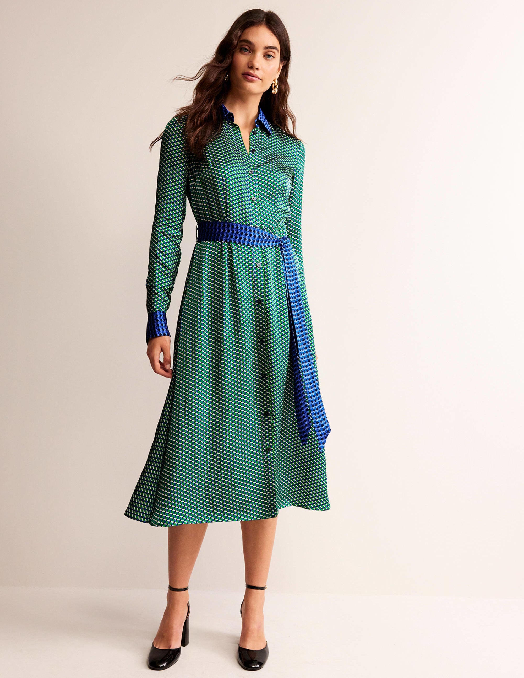 Kate Satin Shirt Dress-Bright Green, Geo Daze - Image 5