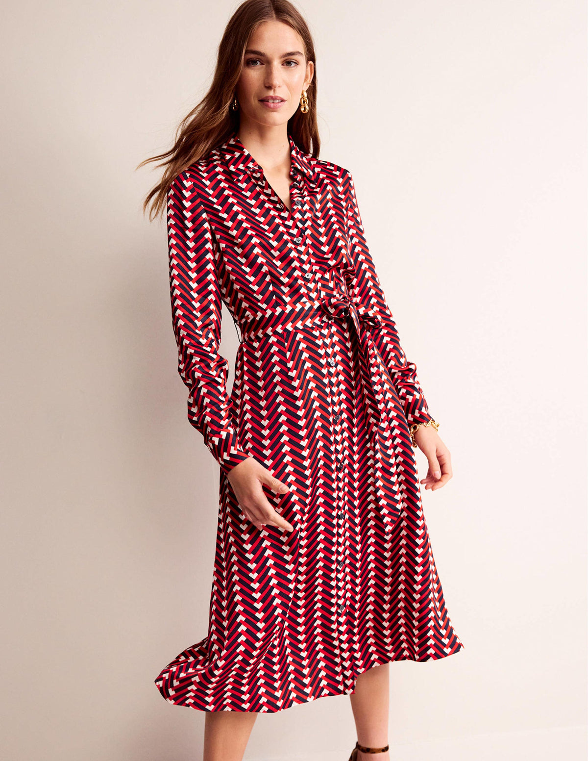 Kate Satin Shirt Dress-Hot Pepper, Chevron Geo-1