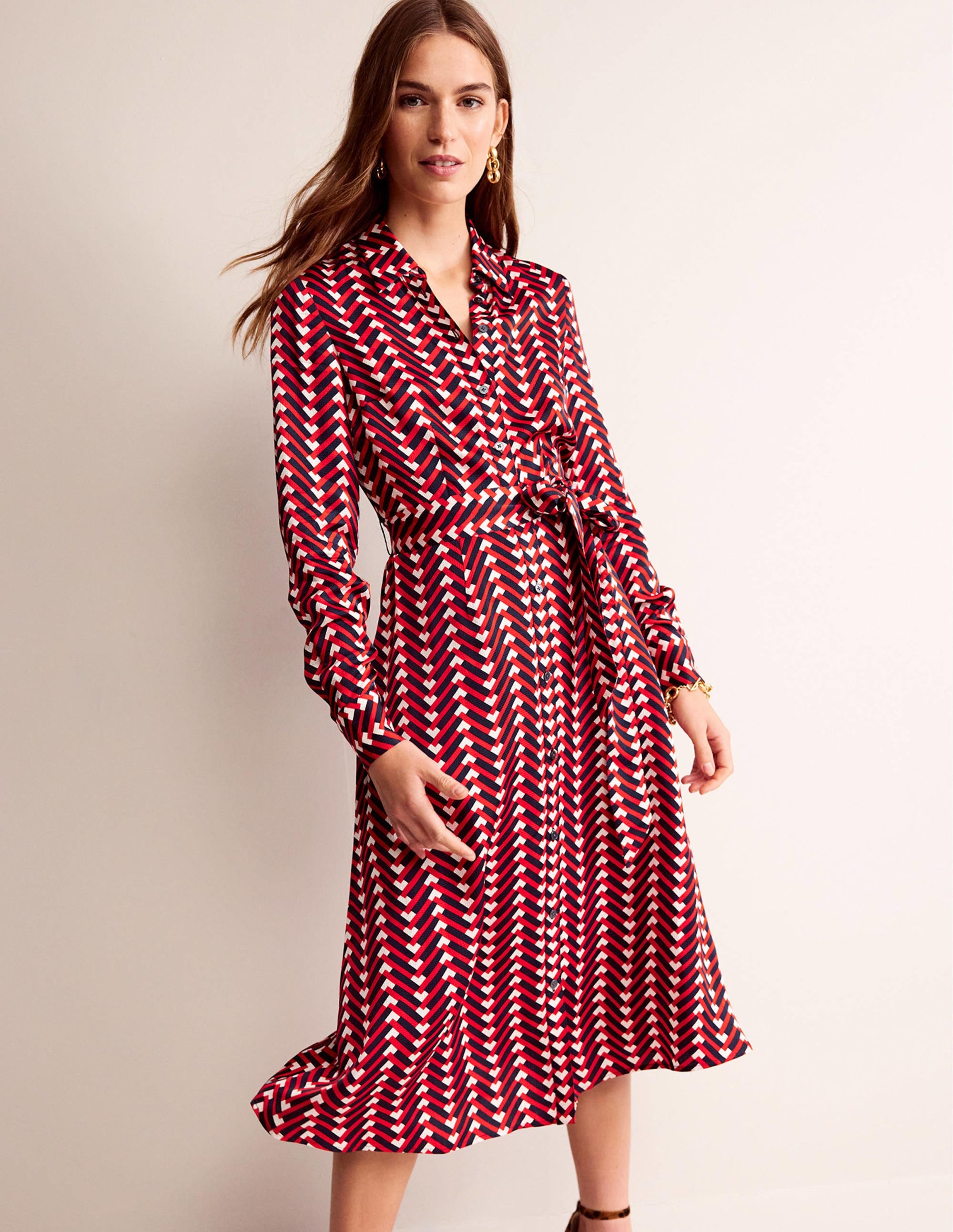 Kate Satin Shirt Dress-Hot Pepper, Chevron Geo - Image 1