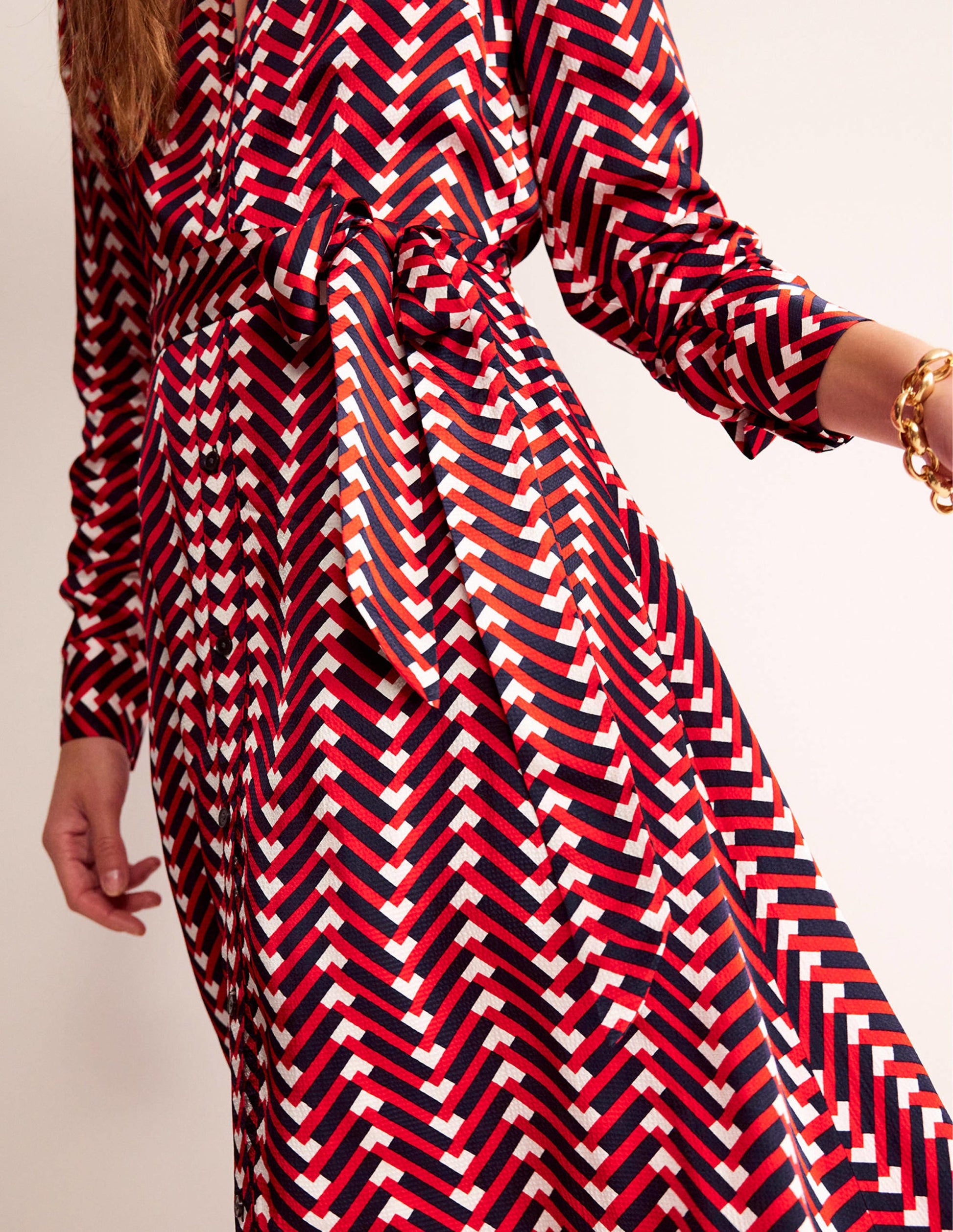 Kate Satin Shirt Dress-Hot Pepper, Chevron Geo-2