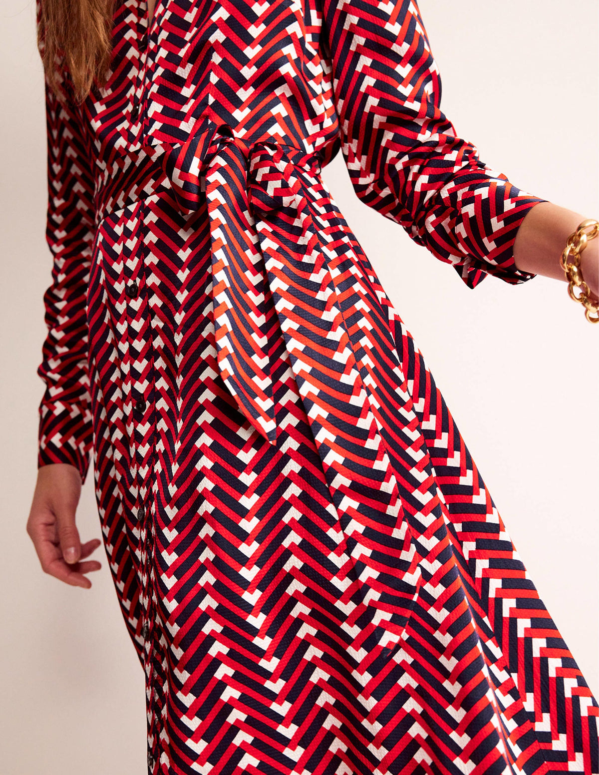 Kate Satin Shirt Dress-Hot Pepper, Chevron Geo - Image 2