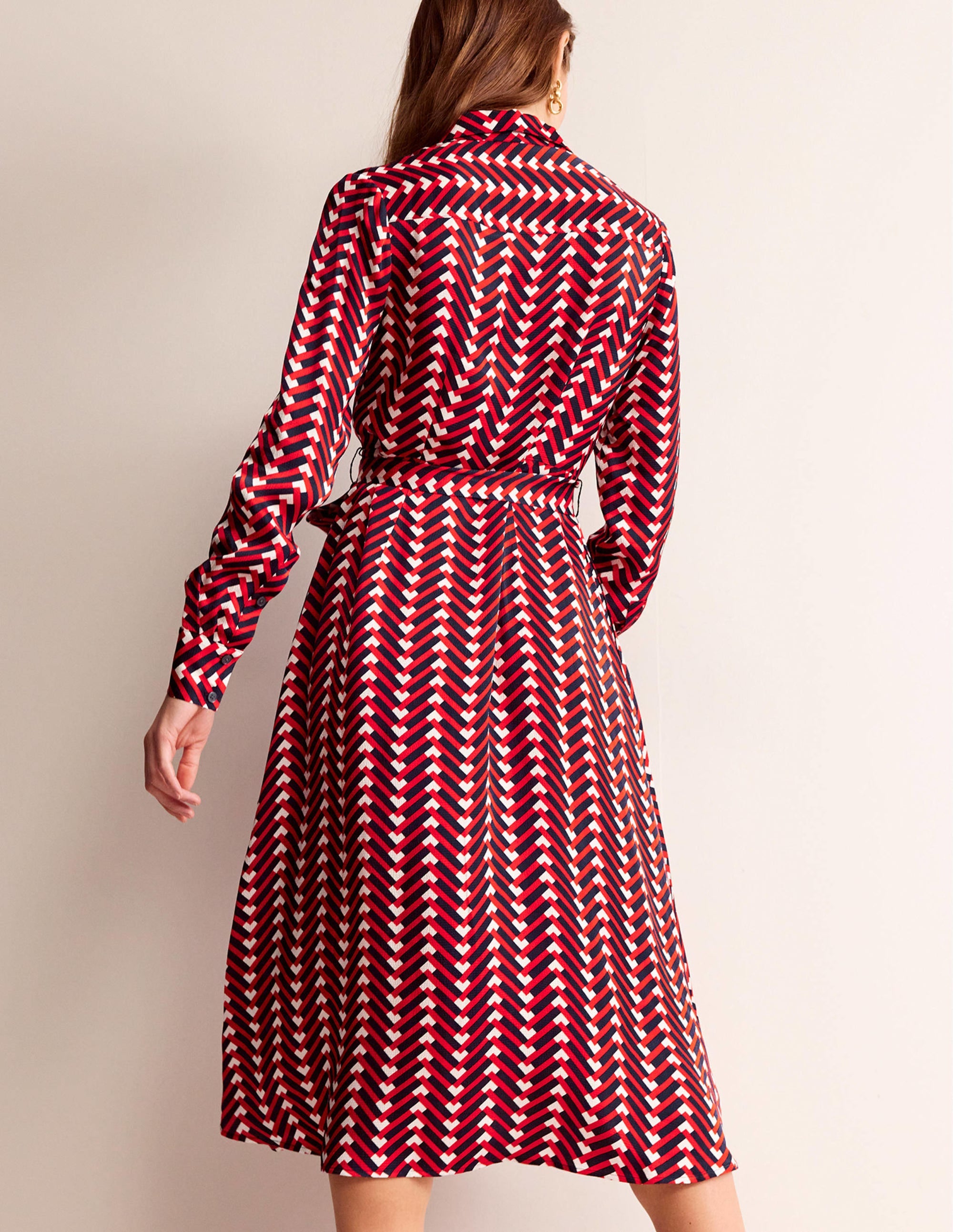 Kate Satin Shirt Dress-Hot Pepper, Chevron Geo - Image 3