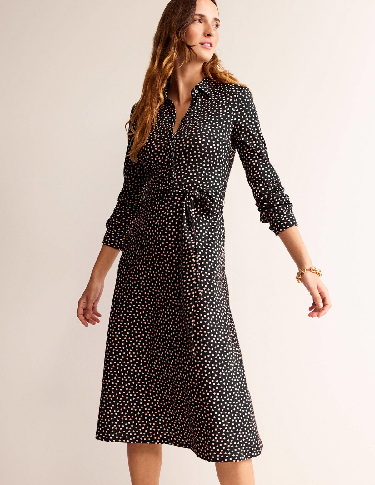 Laura Jersey Midi Shirt Dress-Black, Abstract Dot-1