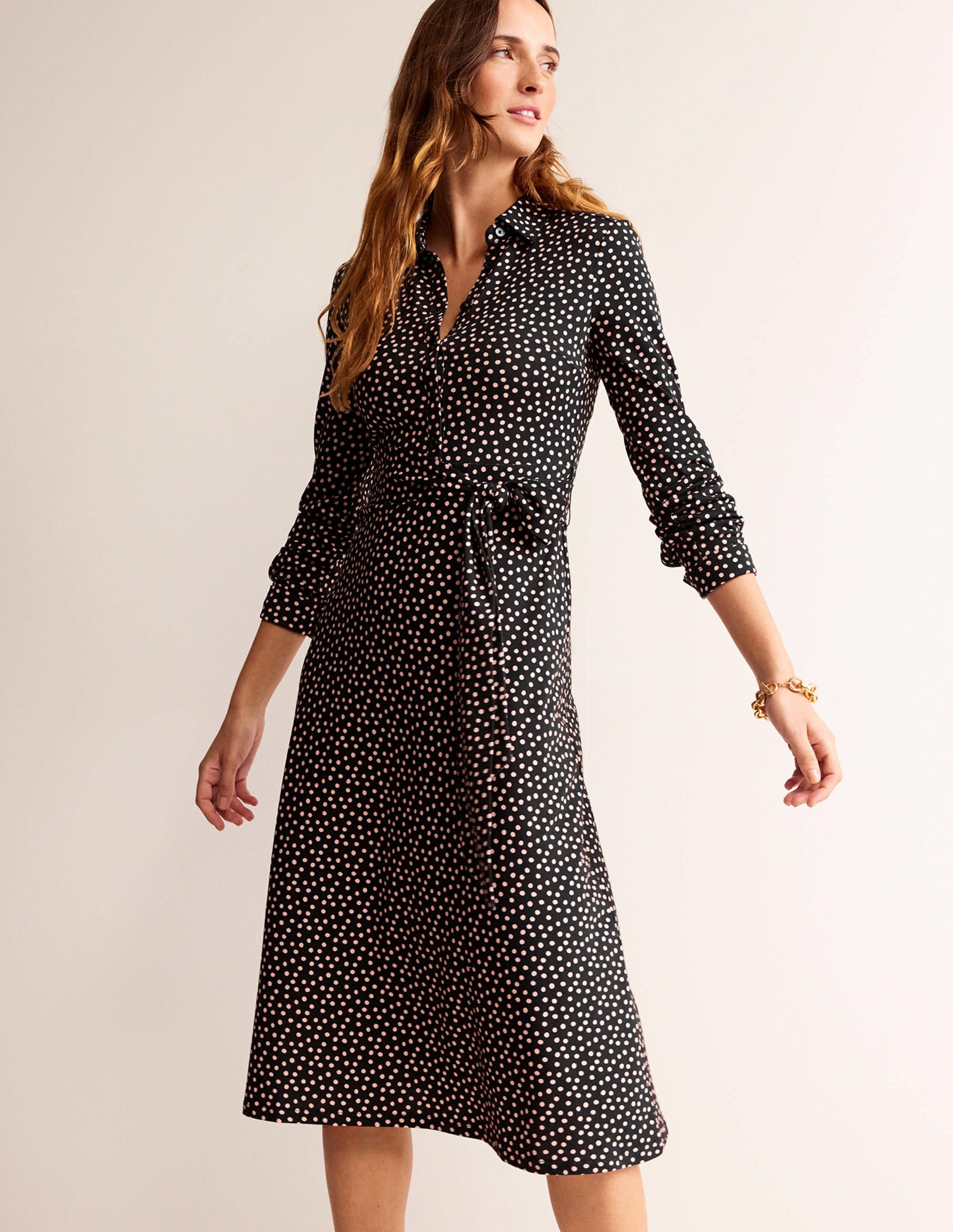 Laura Jersey Midi Shirt Dress-Black, Abstract Dot - Image 1