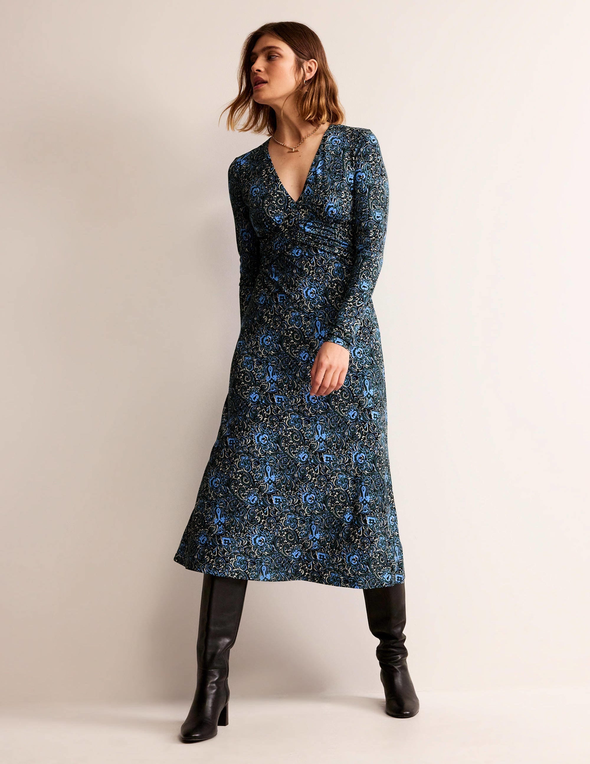 Elodie Empire Midi Dress-Emerald Night, Botanic Terrace - Image 1