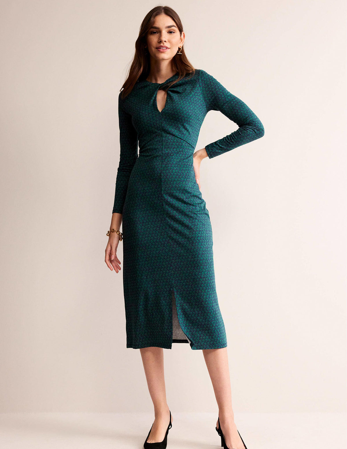 Empire Knot Midi Dress-Emerald Night, Lily Sprig-1