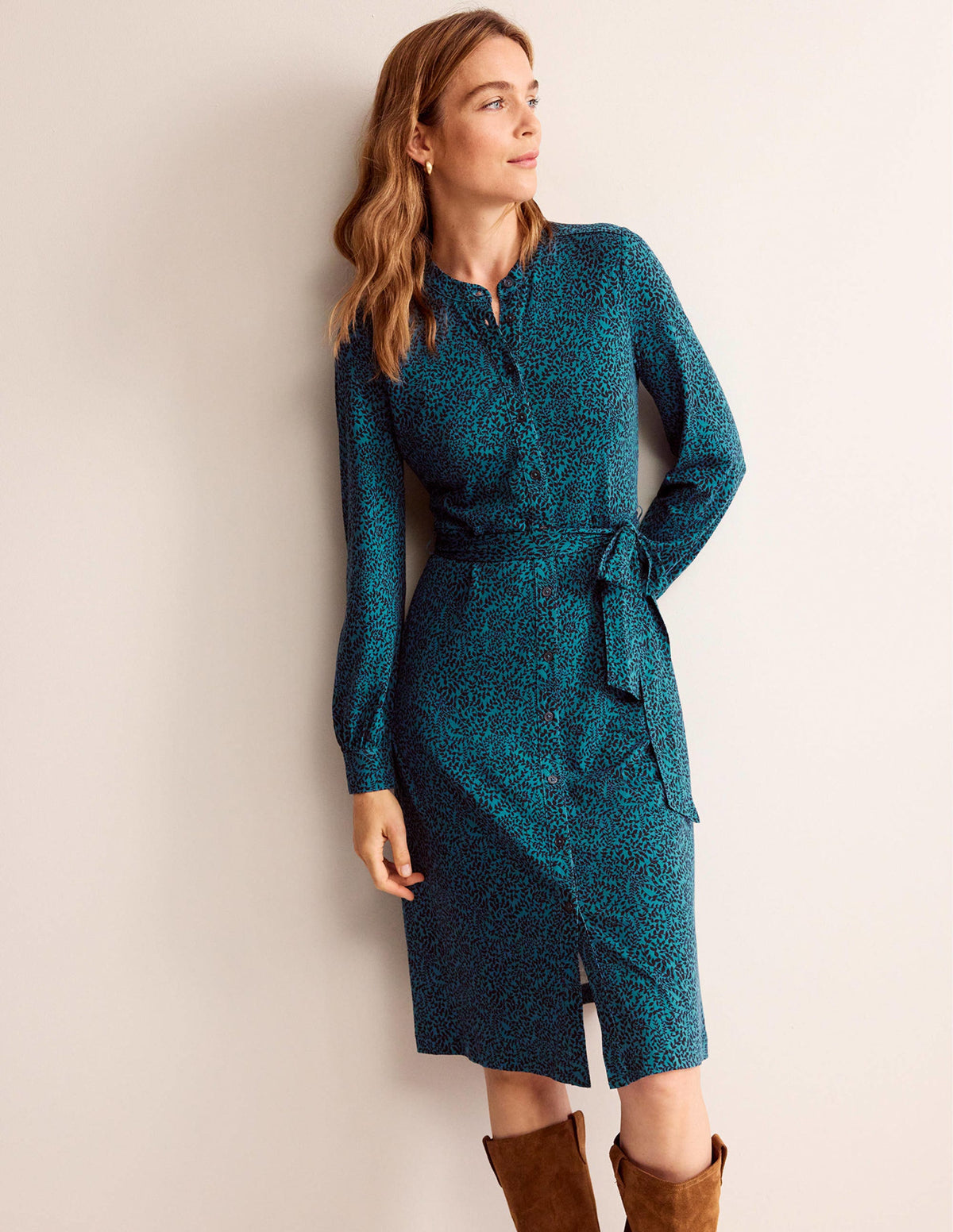 Julia Jersey Shirt Dress-Teal, Pome Sprig-1