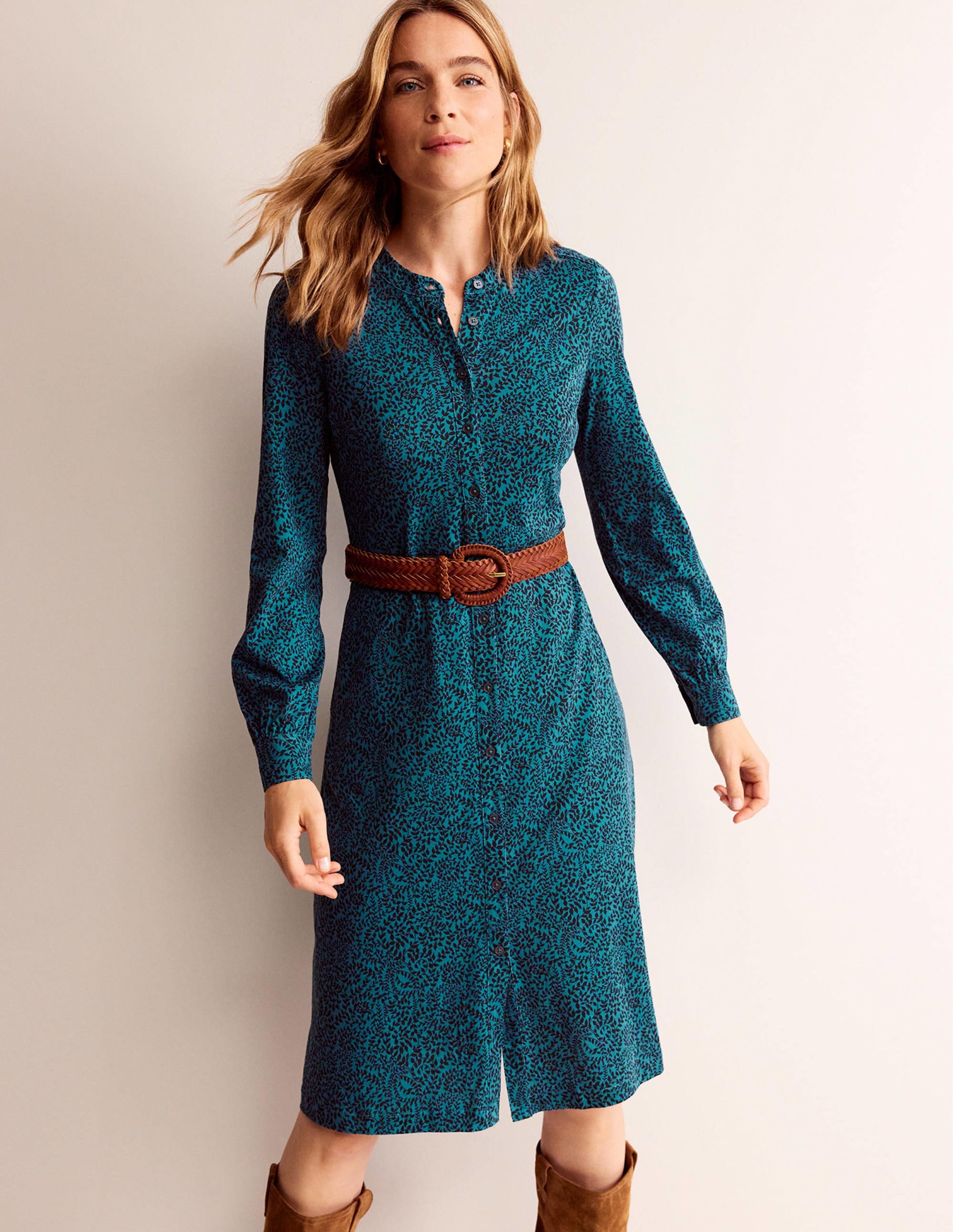 Julia Jersey Shirt Dress-Teal, Pome Sprig - Image 4