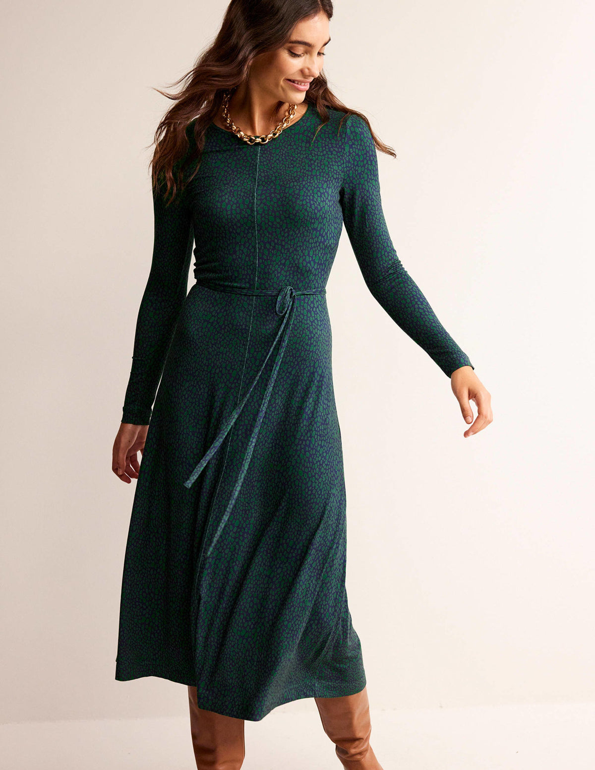Lucy Jersey Midi Dress-Amazon Green, Animal Spot - Image 1