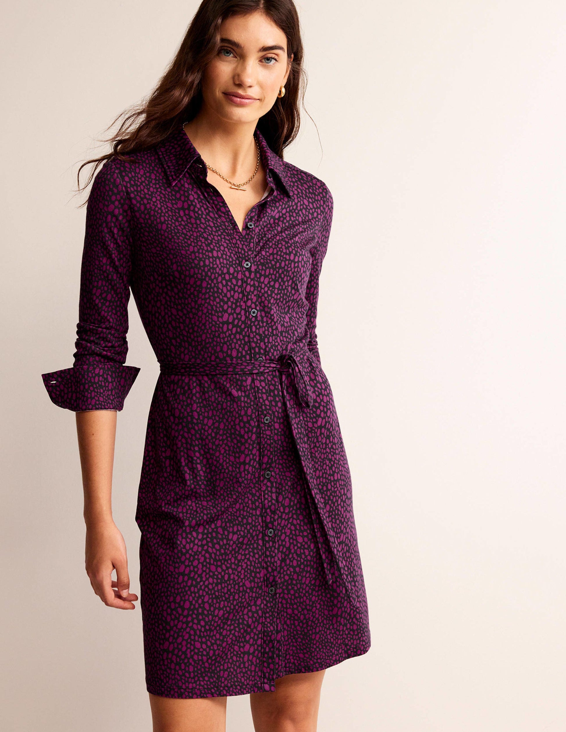 Jessie Jersey Shirt Dress-Damson Berry, Animal Spot-4
