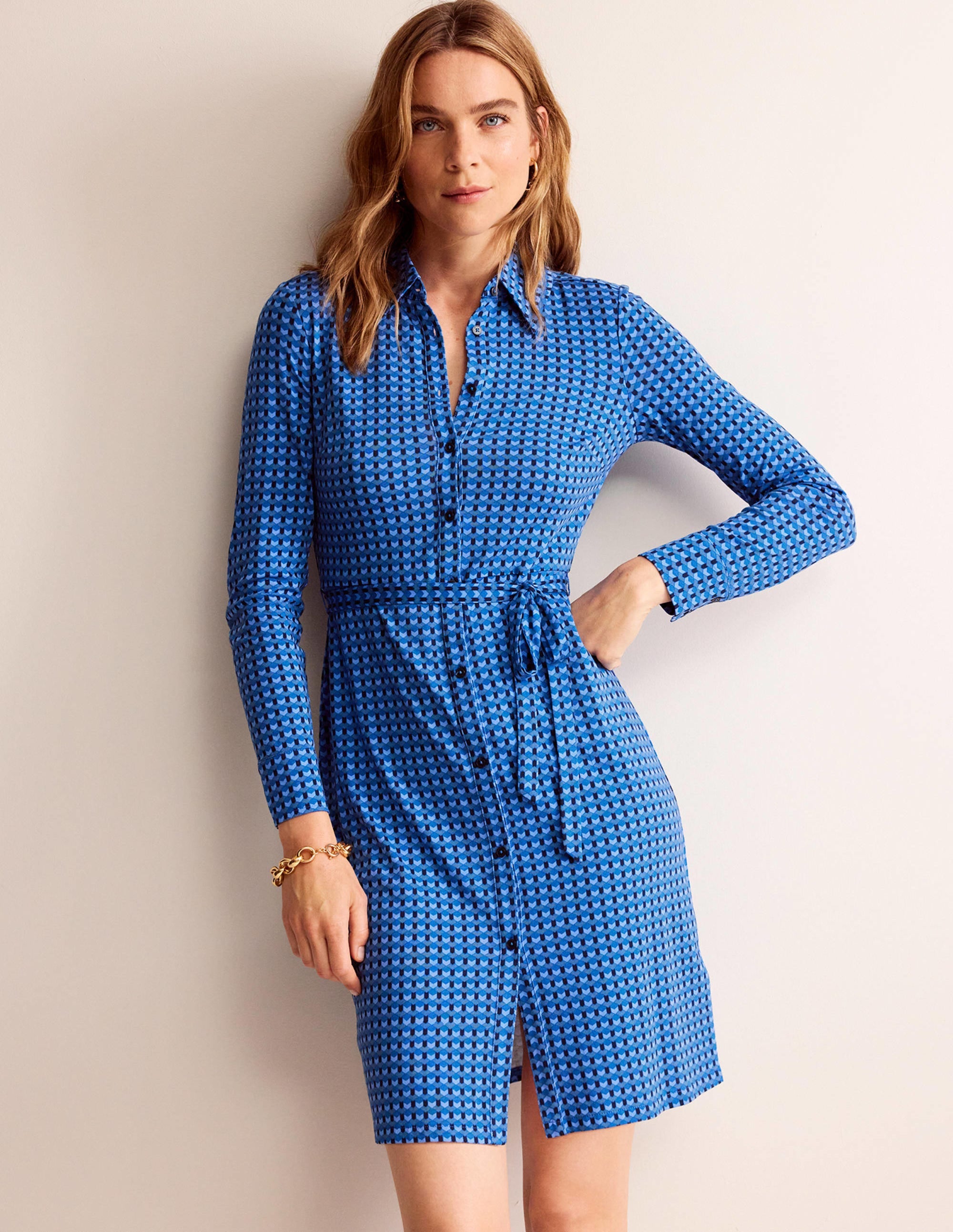 Jessie Jersey Shirt Dress-Azure, Terrace Geo - Image 1