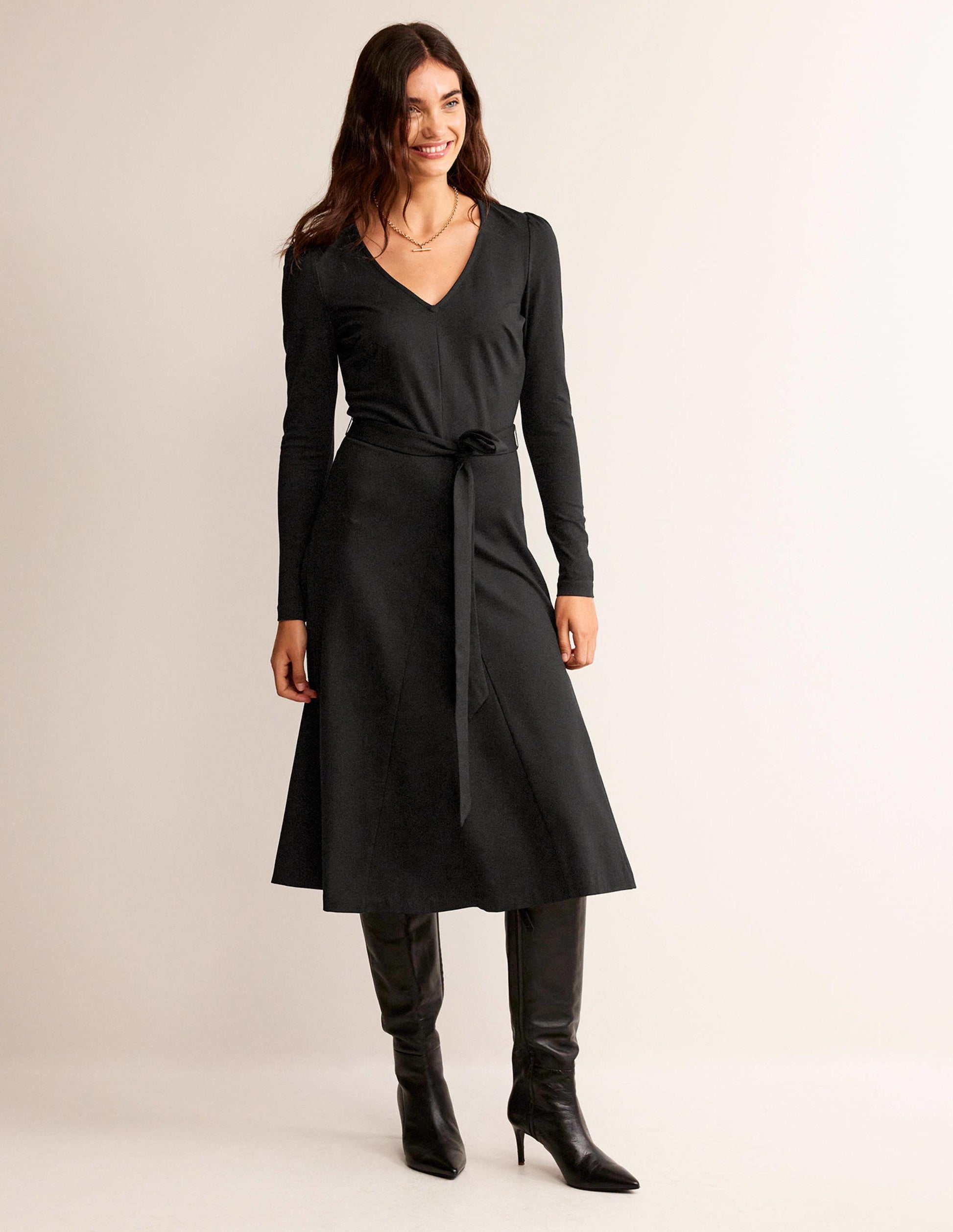 Bella Ponte V-Neck Midi Dress-Black-1