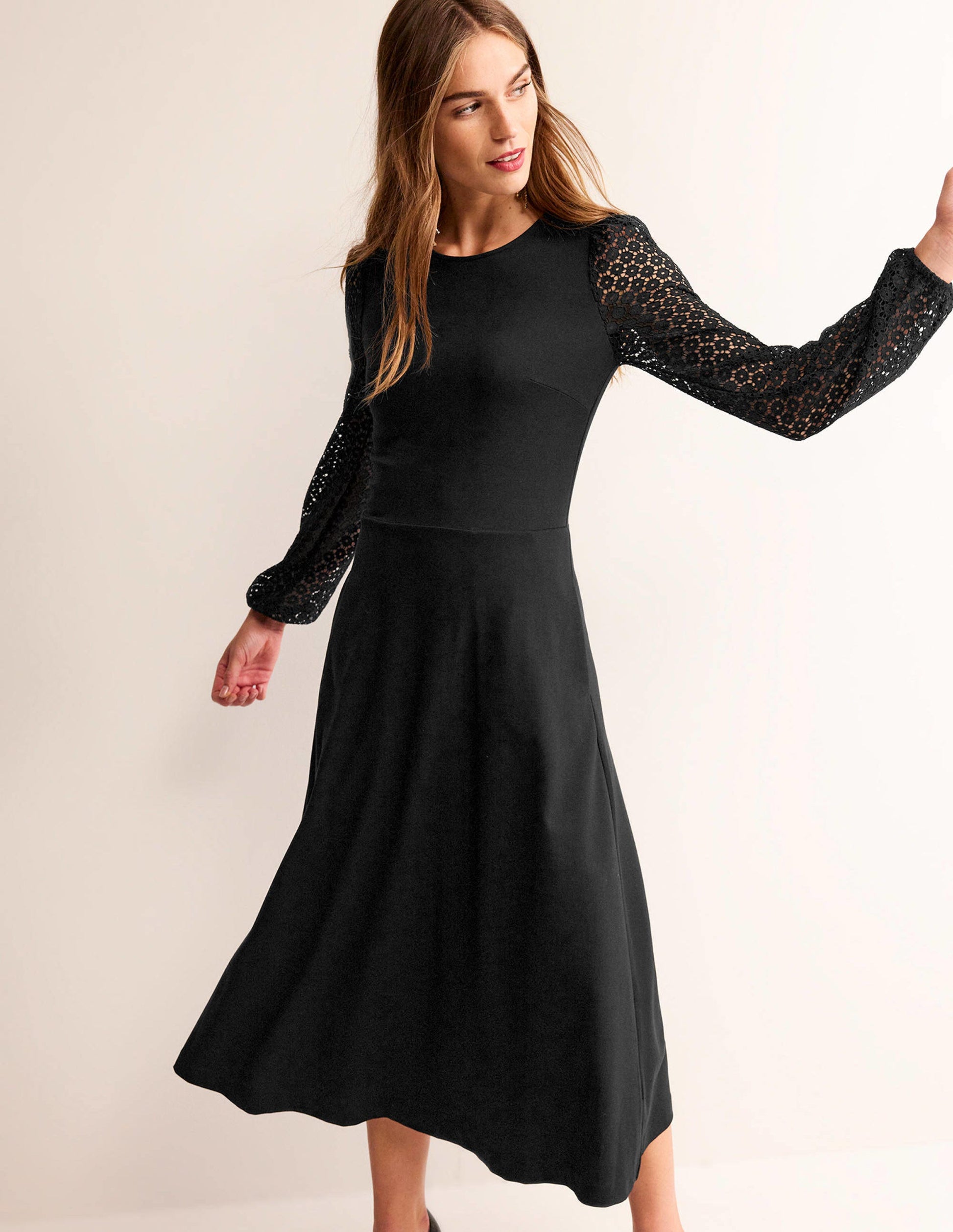Sleeve Detail Midi Dress-Black-1