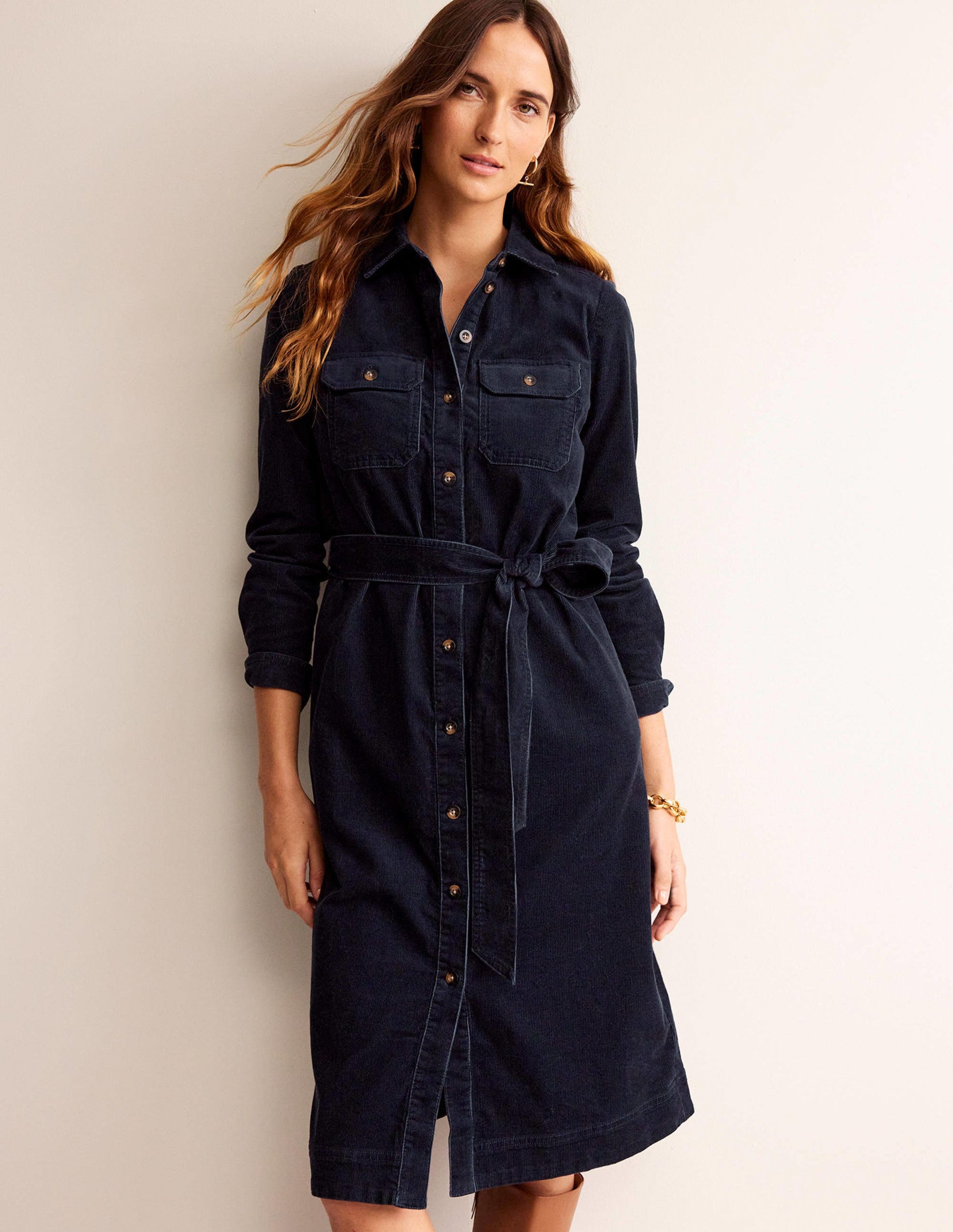 Eloise Cord Midi Shirt Dress-Navy-1