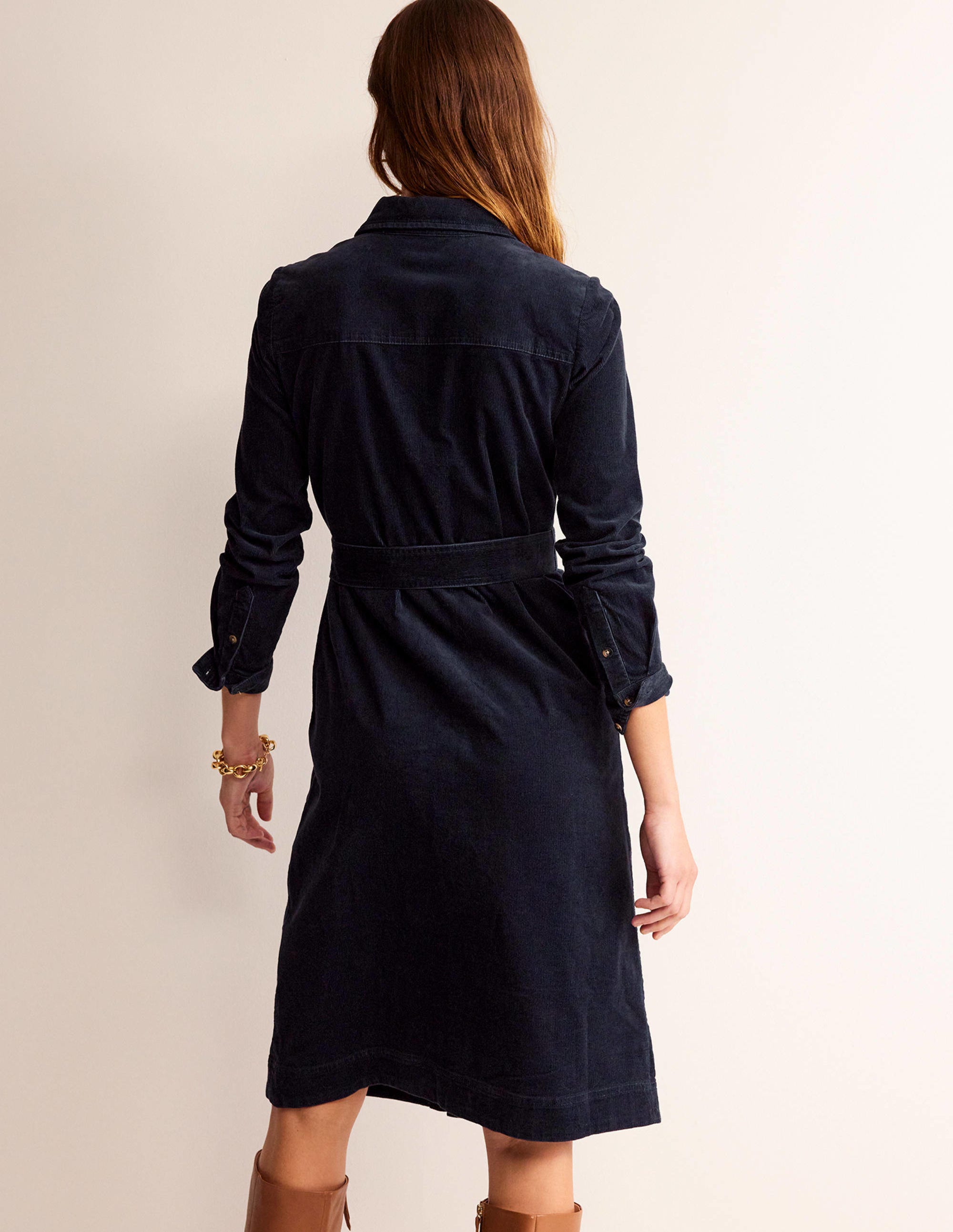 Eloise Cord Midi Shirt Dress-Navy - Image 3