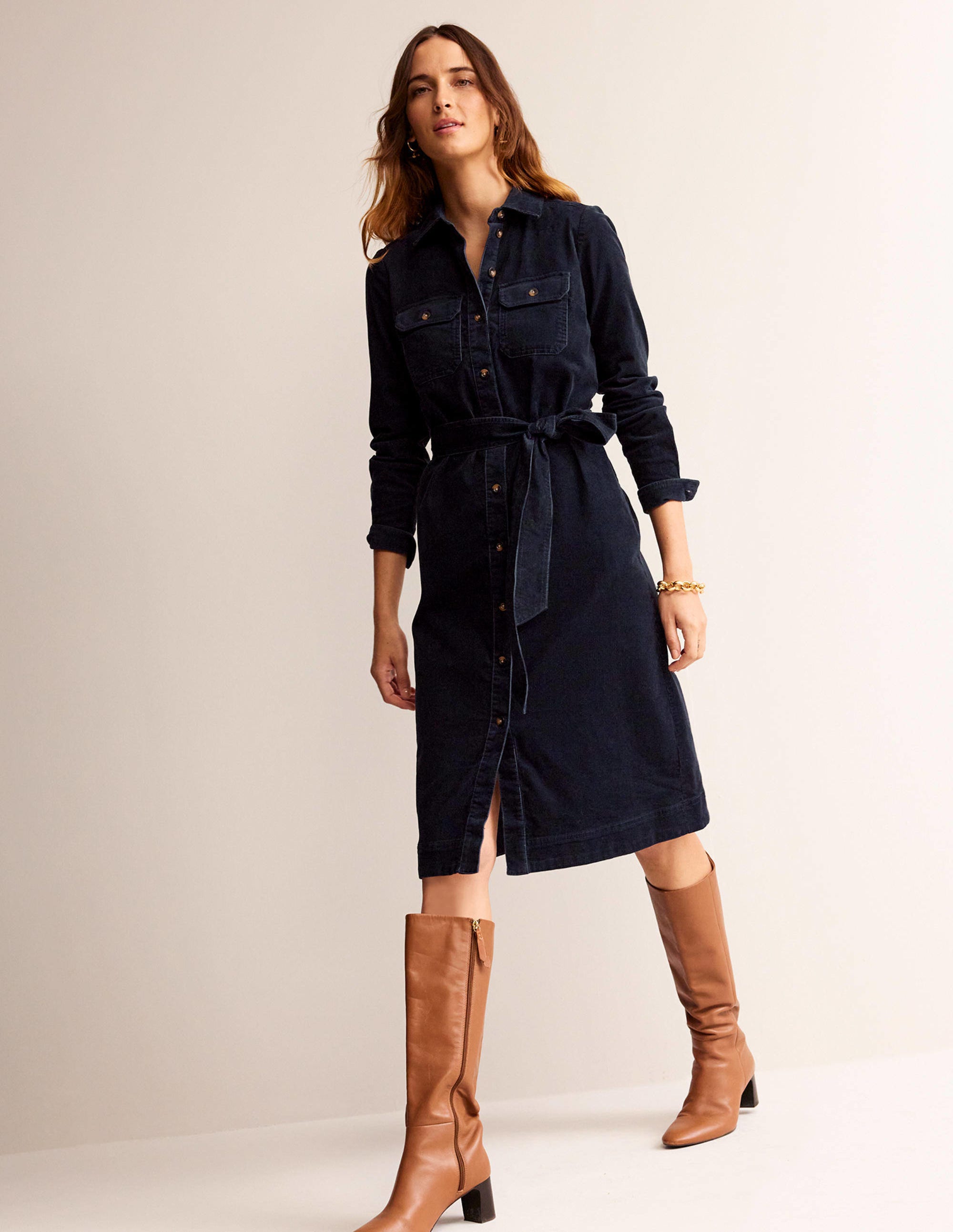 Eloise Cord Midi Shirt Dress-Navy - Image 4