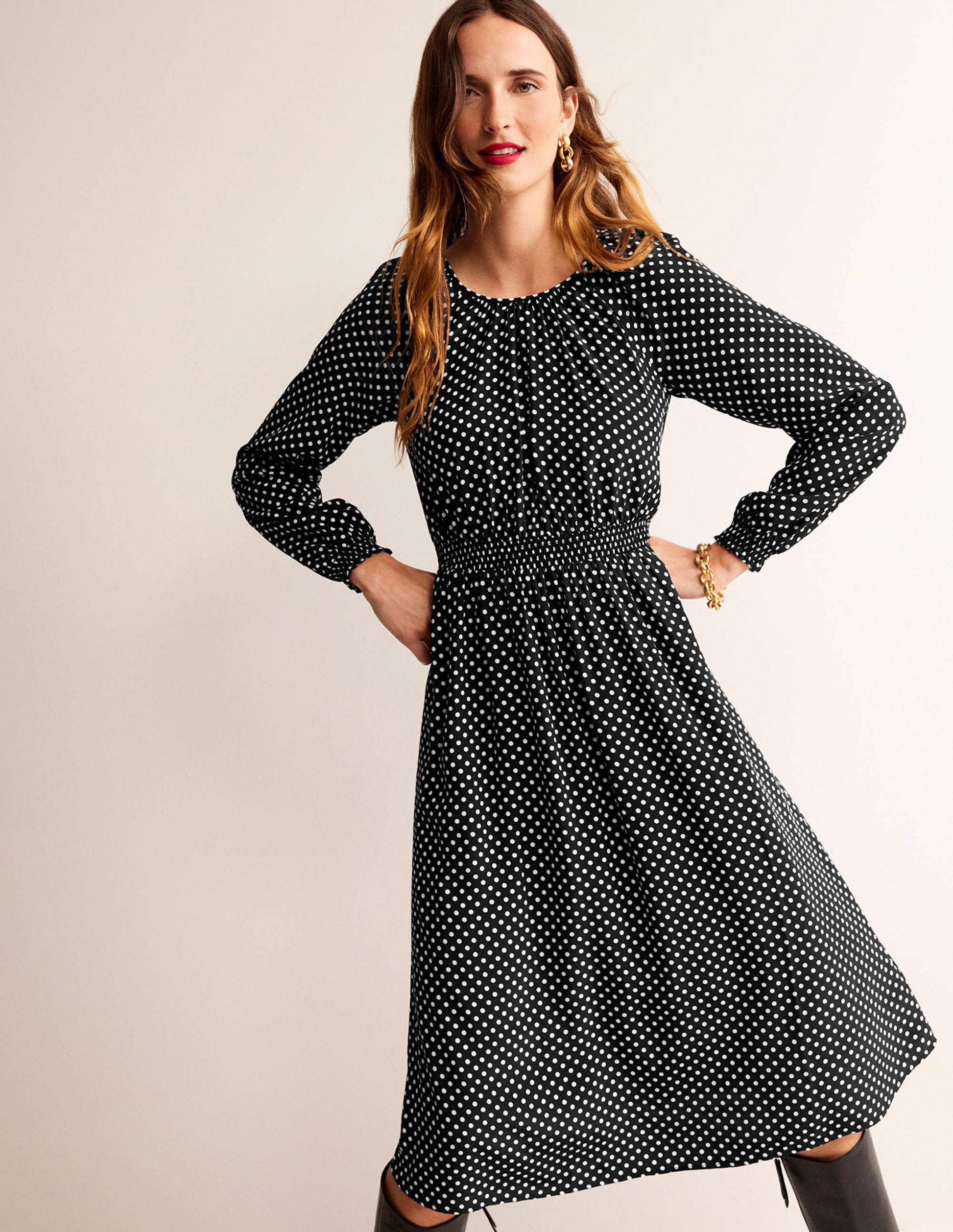 Gather Raglan Midi Dress-Black, Dotty-1