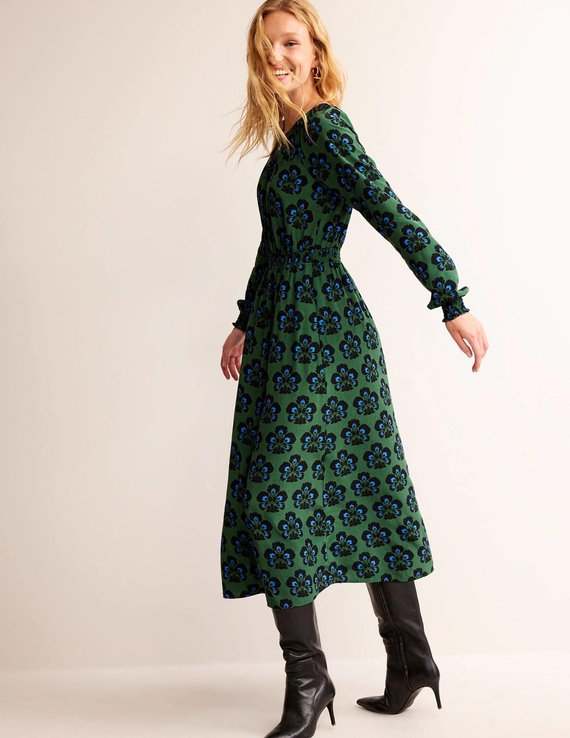 Gather Raglan Midi Dress-Amazon Green, Carnation Stamp - Image 1