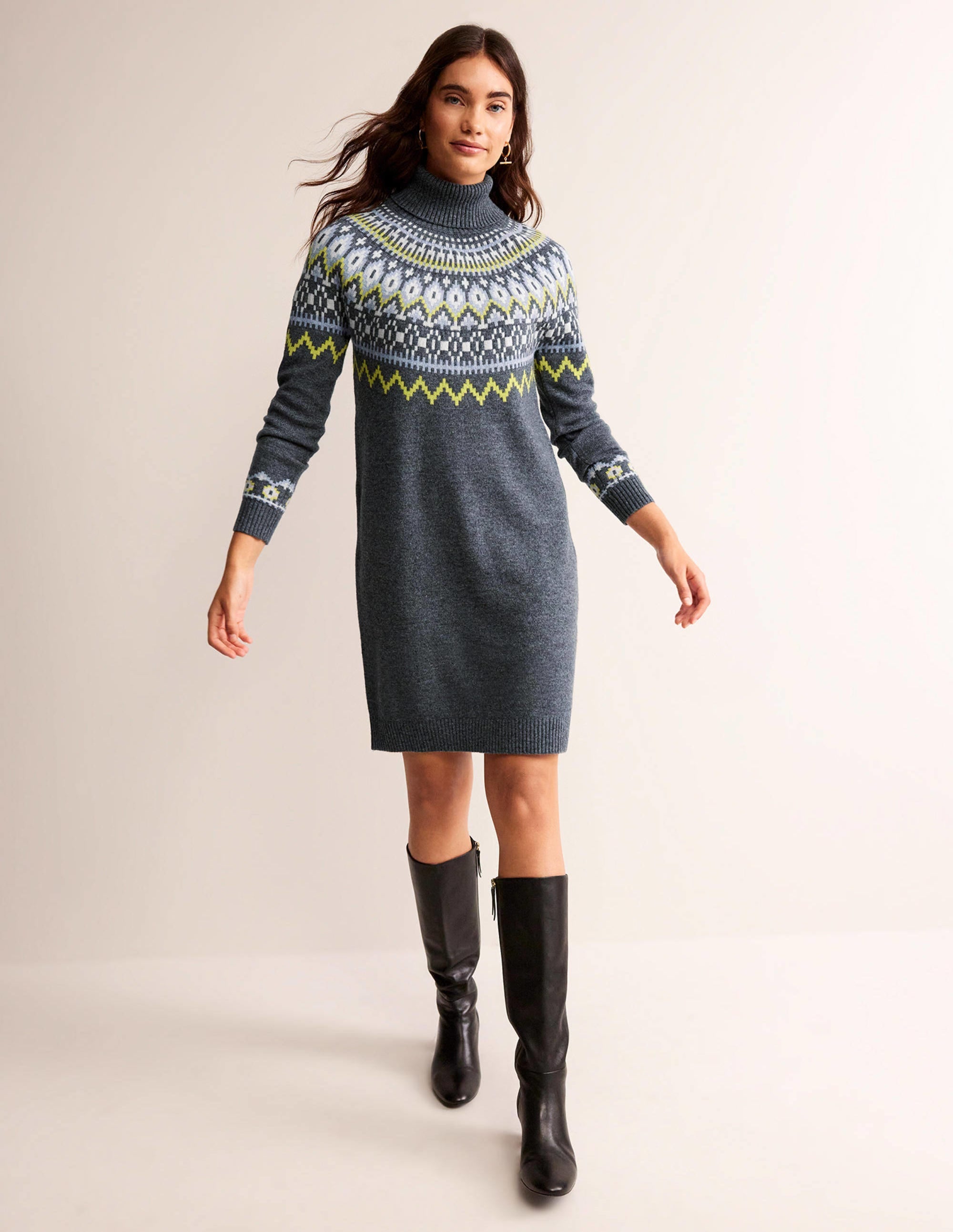 Edith Fair Isle Knitted Dress-Charcoal Melange - Image 2