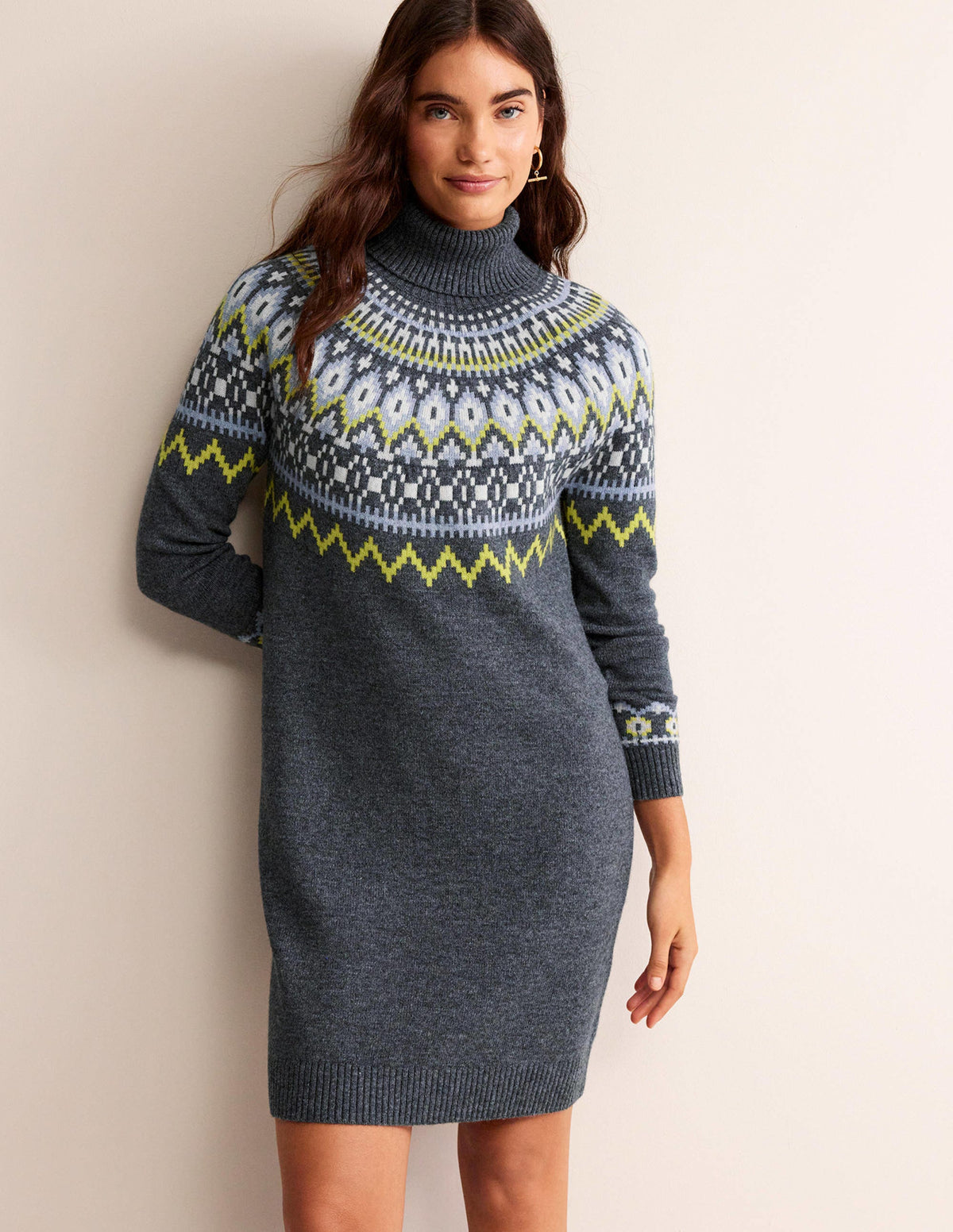 Edith Fair Isle Knitted Dress-Charcoal Melange-4