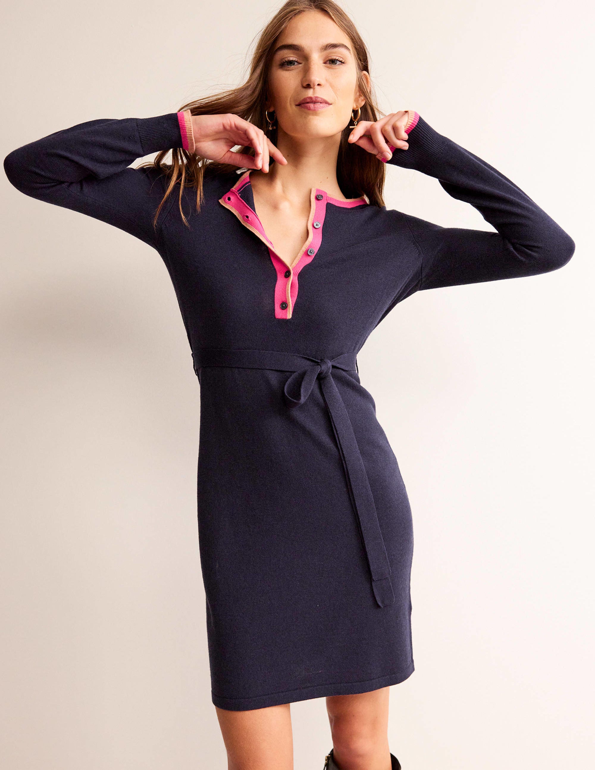 Gemma Henley Knitted Dress-Navy - Image 2