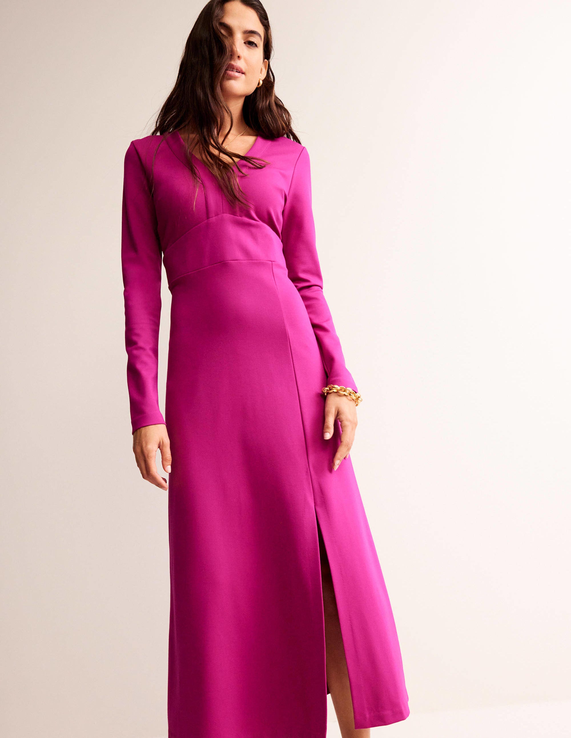 V-Neck Ponte Maxi Dress-Vibrant Plum - Image 1