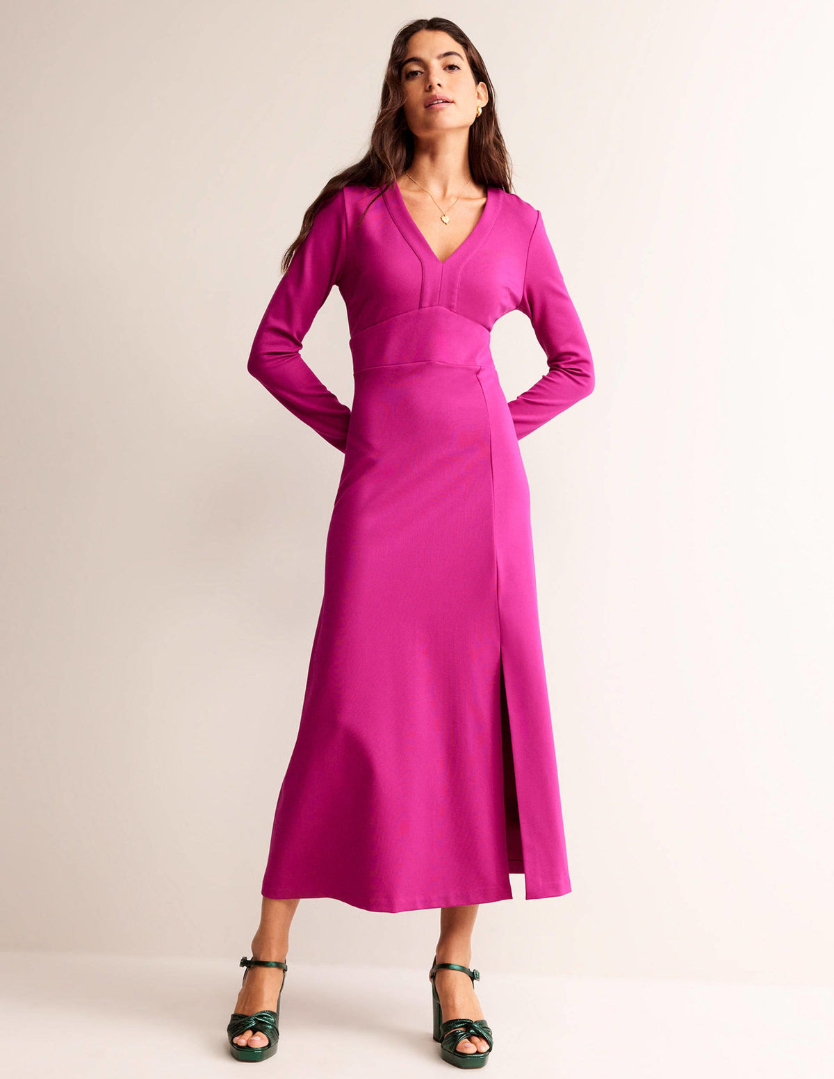 V-Neck Ponte Maxi Dress-Vibrant Plum - Image 2