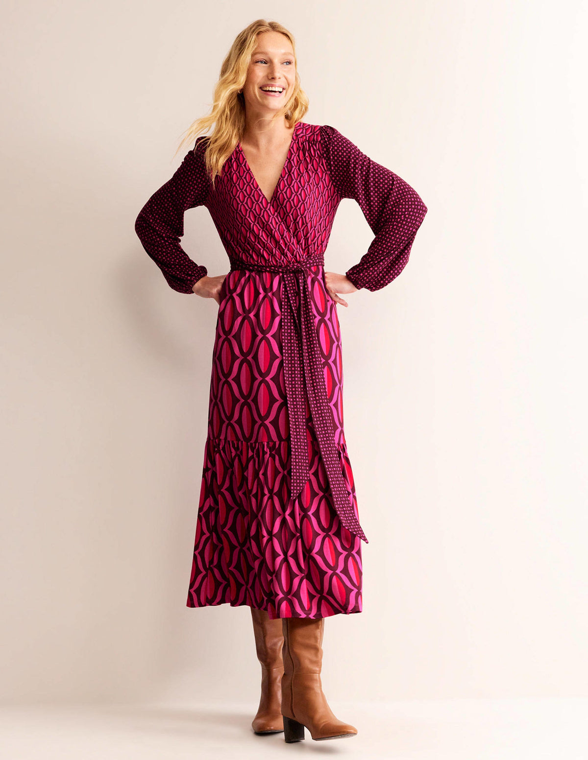 Jersey Maxi Wrap Dress-Vibrant Pink, Geo Valley - Image 2