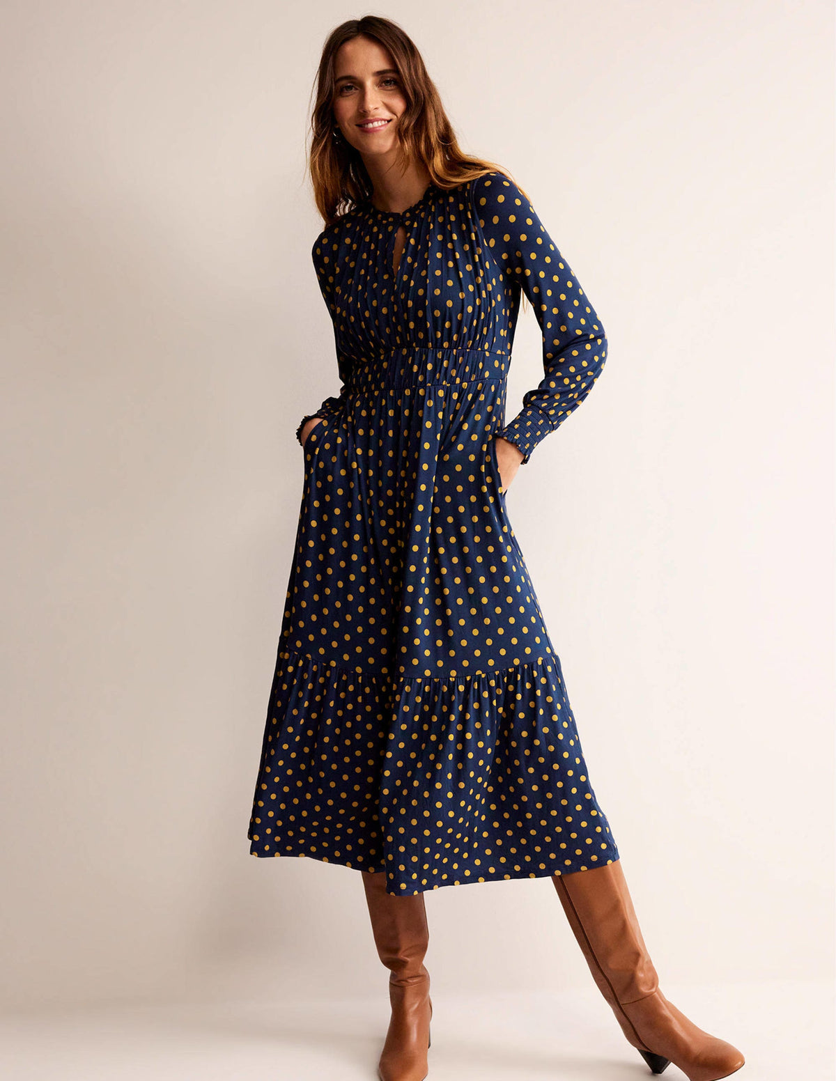Rosanna Long Sleeve Tea Dress-French Navy, Spot - Image 1
