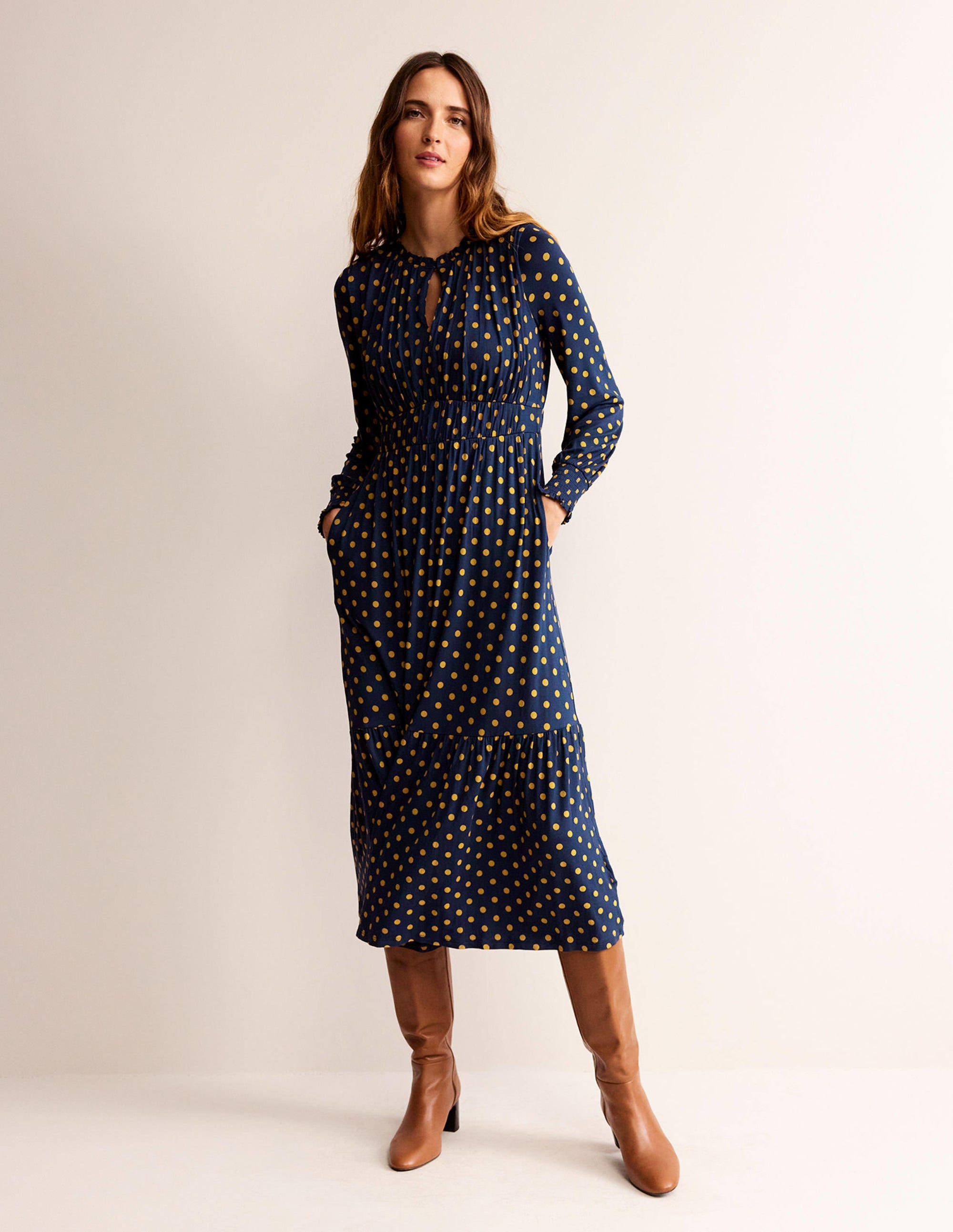 Rosanna Long Sleeve Tea Dress-French Navy, Spot - Image 5