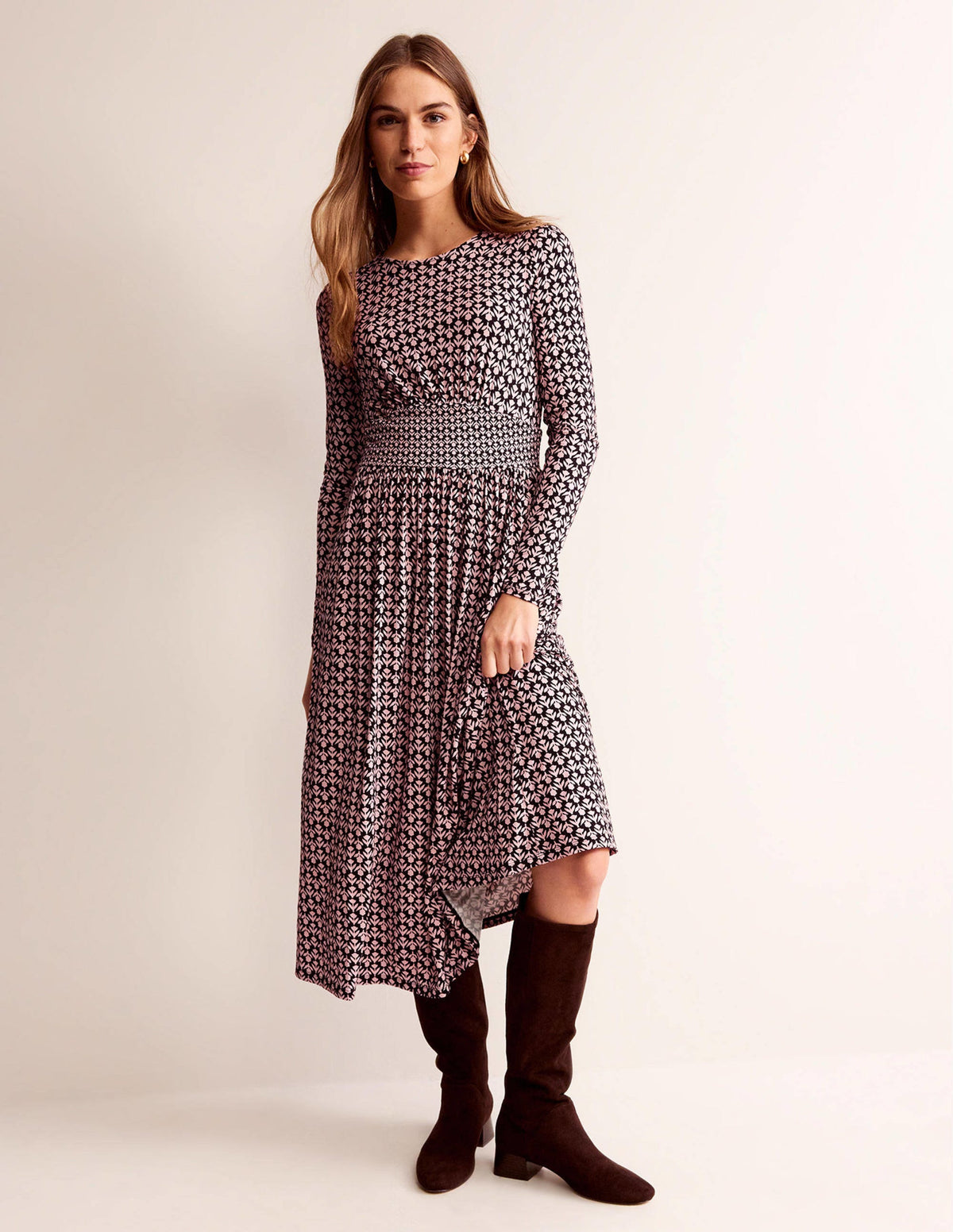Thea Long Sleeve Midi Dress-Black and Milkshake, Tulip Pop - Image 1