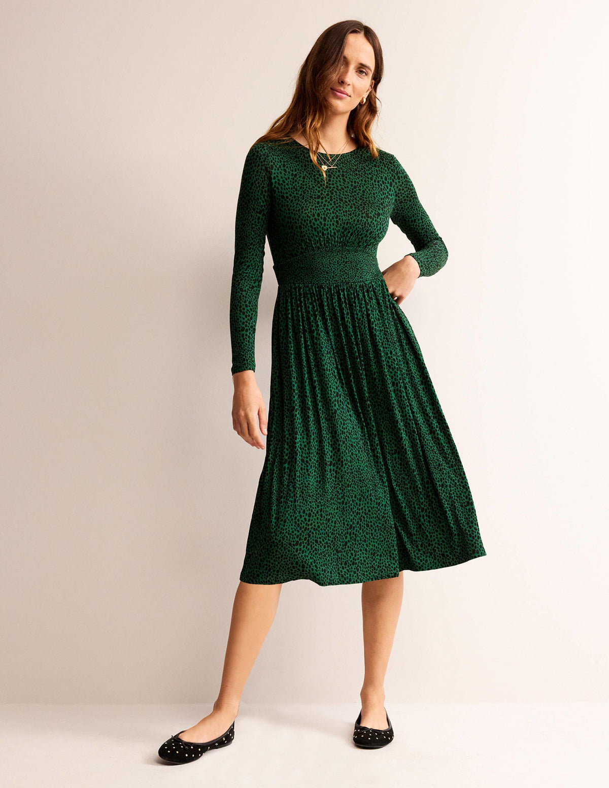 Thea Long Sleeve Midi Dress-Amazon Green, Animal Spot-1