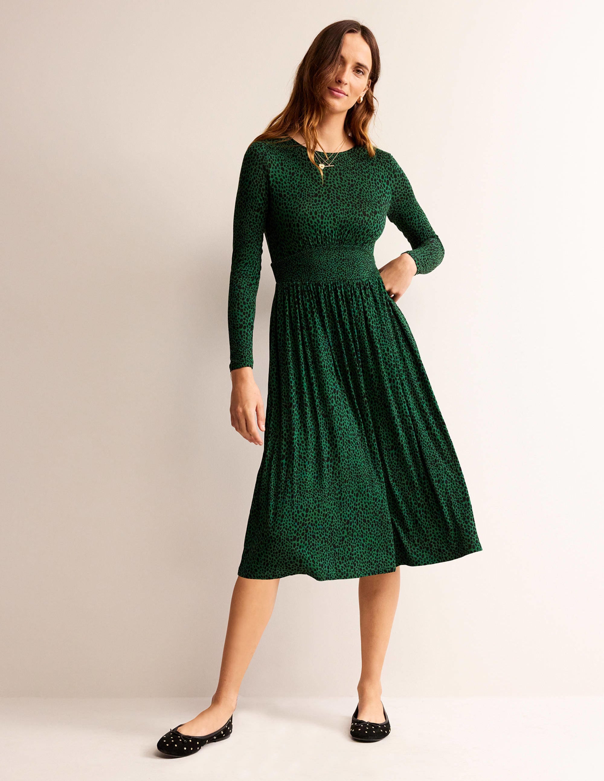 Thea Long Sleeve Midi Dress-Amazon Green, Animal Spot - Image 1