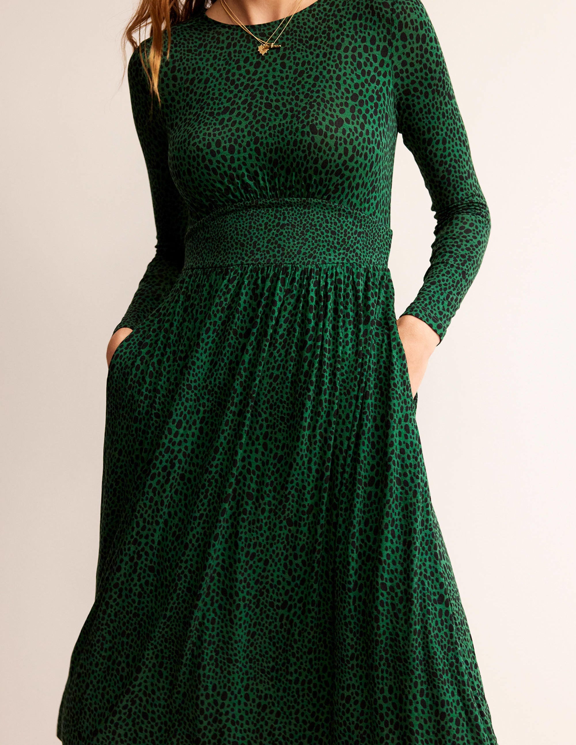 Thea Long Sleeve Midi Dress-Amazon Green, Animal Spot - Image 2