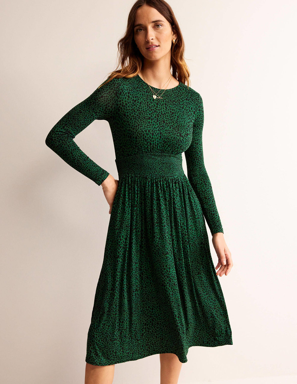 Thea Long Sleeve Midi Dress-Amazon Green, Animal Spot-4
