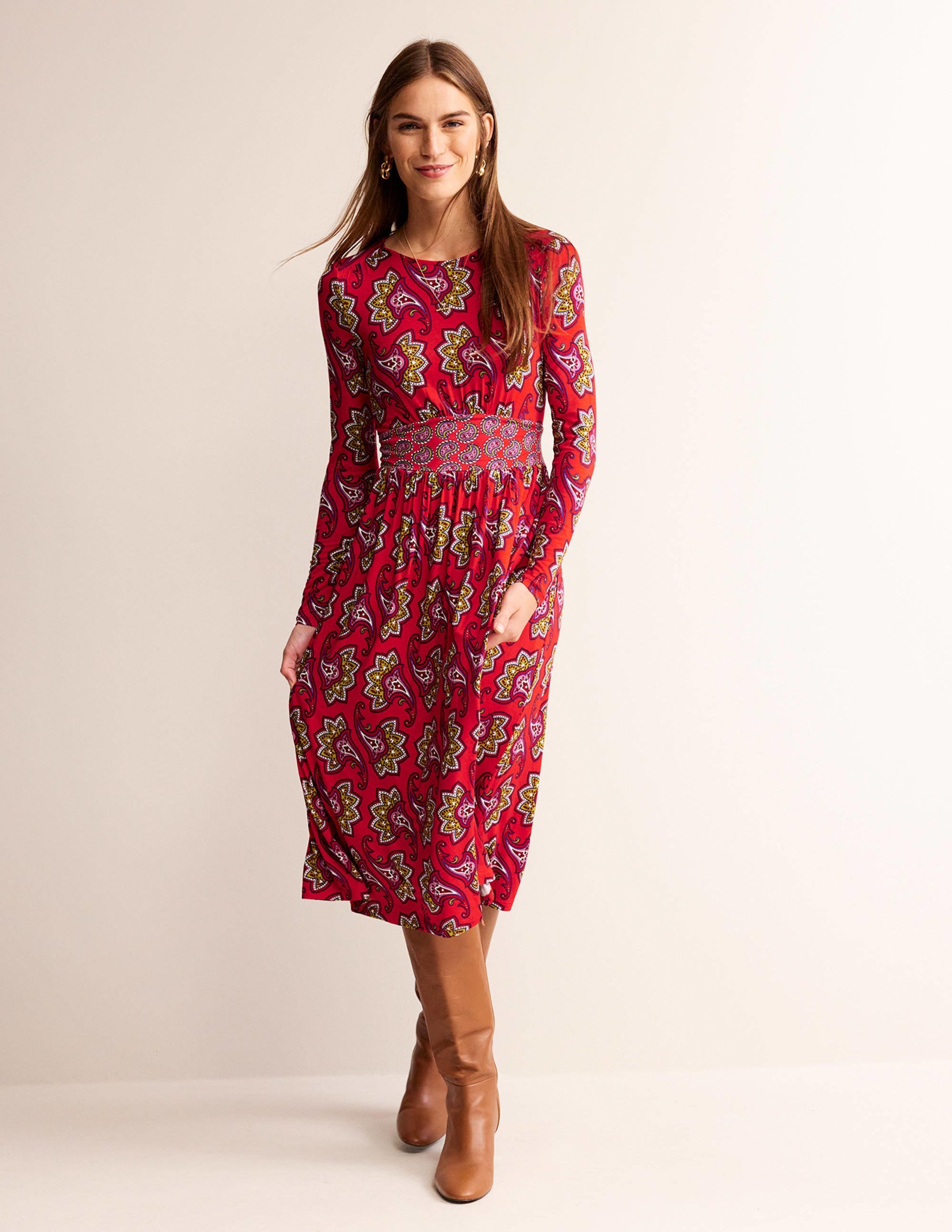 Thea Long Sleeve Midi Dress-Red, Paisley Amaryllis - Image 1