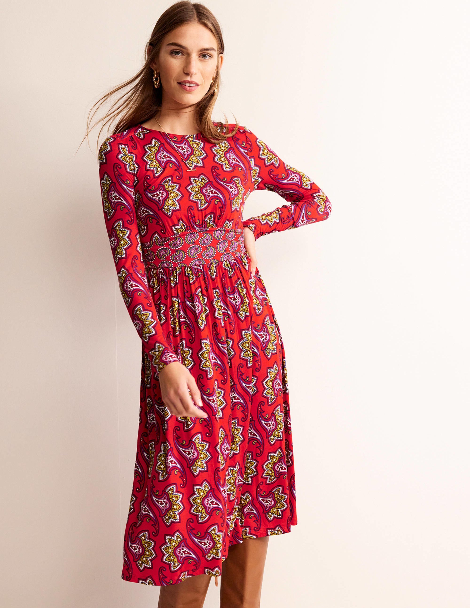 Thea Long Sleeve Midi Dress-Red, Paisley Amaryllis - Image 4