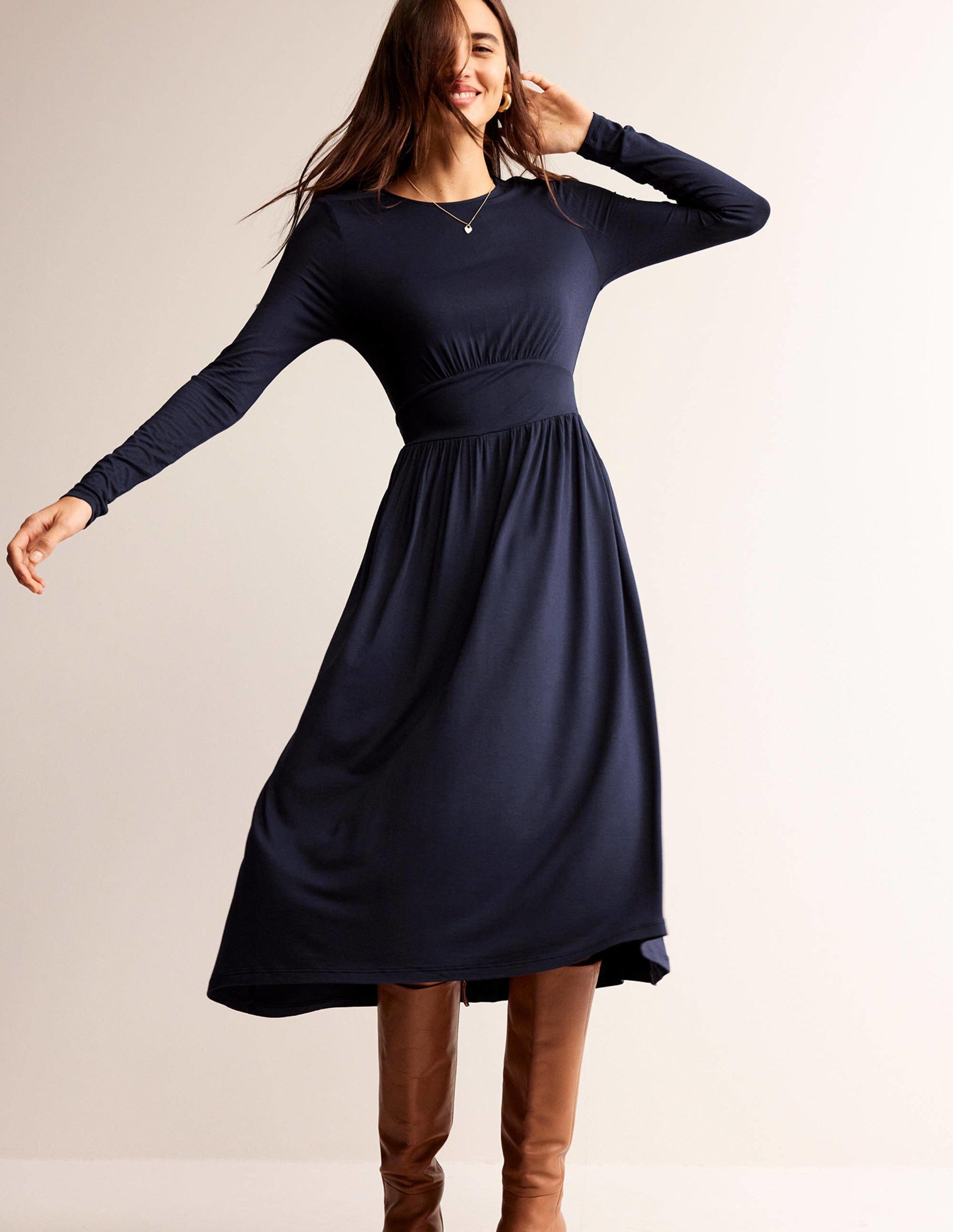Thea Long Sleeve Midi Dress-Navy-1